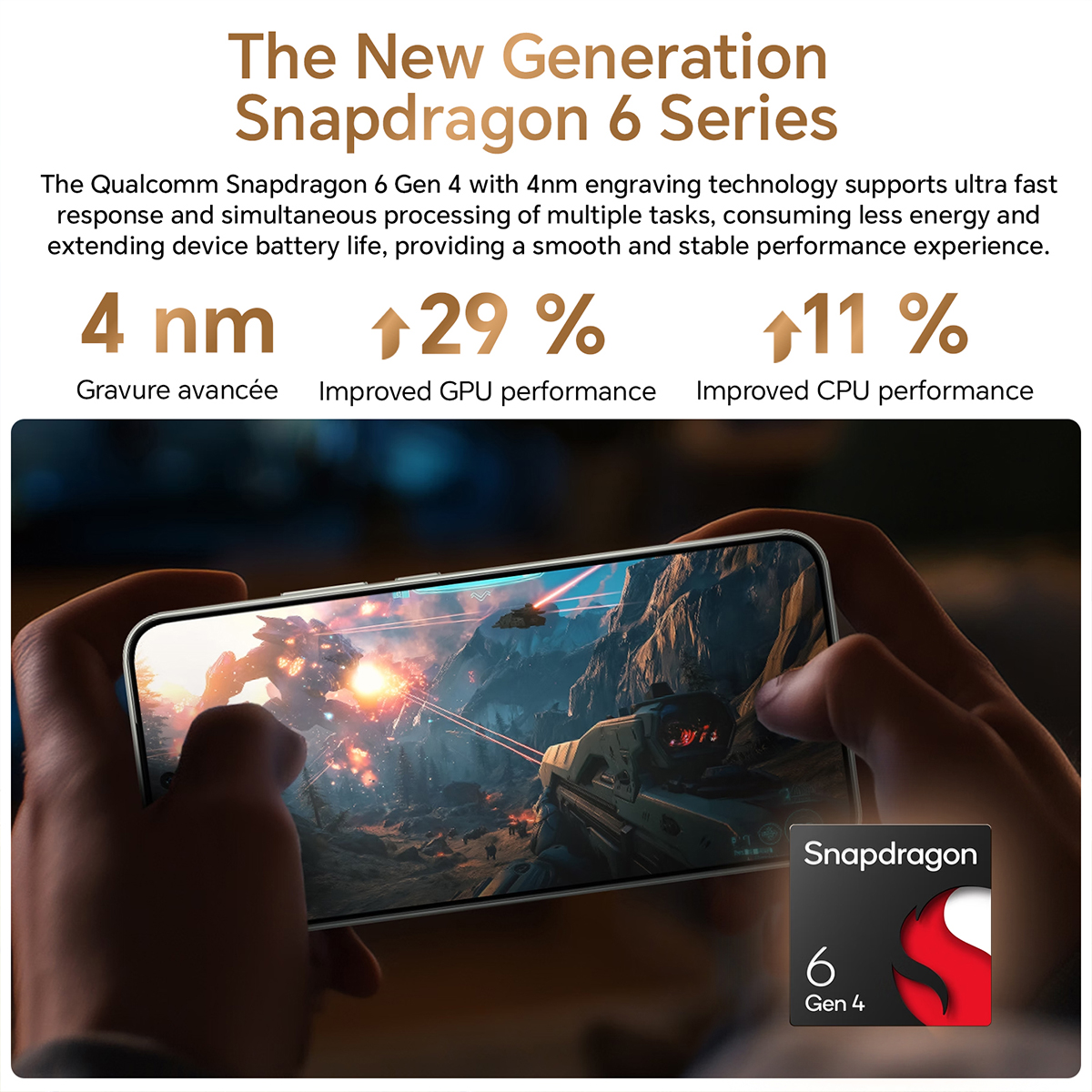 Infografik zeigt die Snapdragon 6 Gen 4 CPU, die ein Smartphone-Spiel antreibt, mit Leistungsstatistiken.