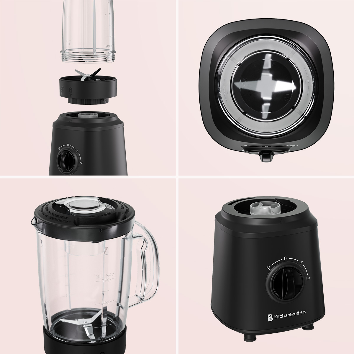 Vier Ansichten eines schwarzen KitchenBrothers Standmixers mit Einzelteilen, Klingen und Glasbehälter vor rosa Hintergrund.