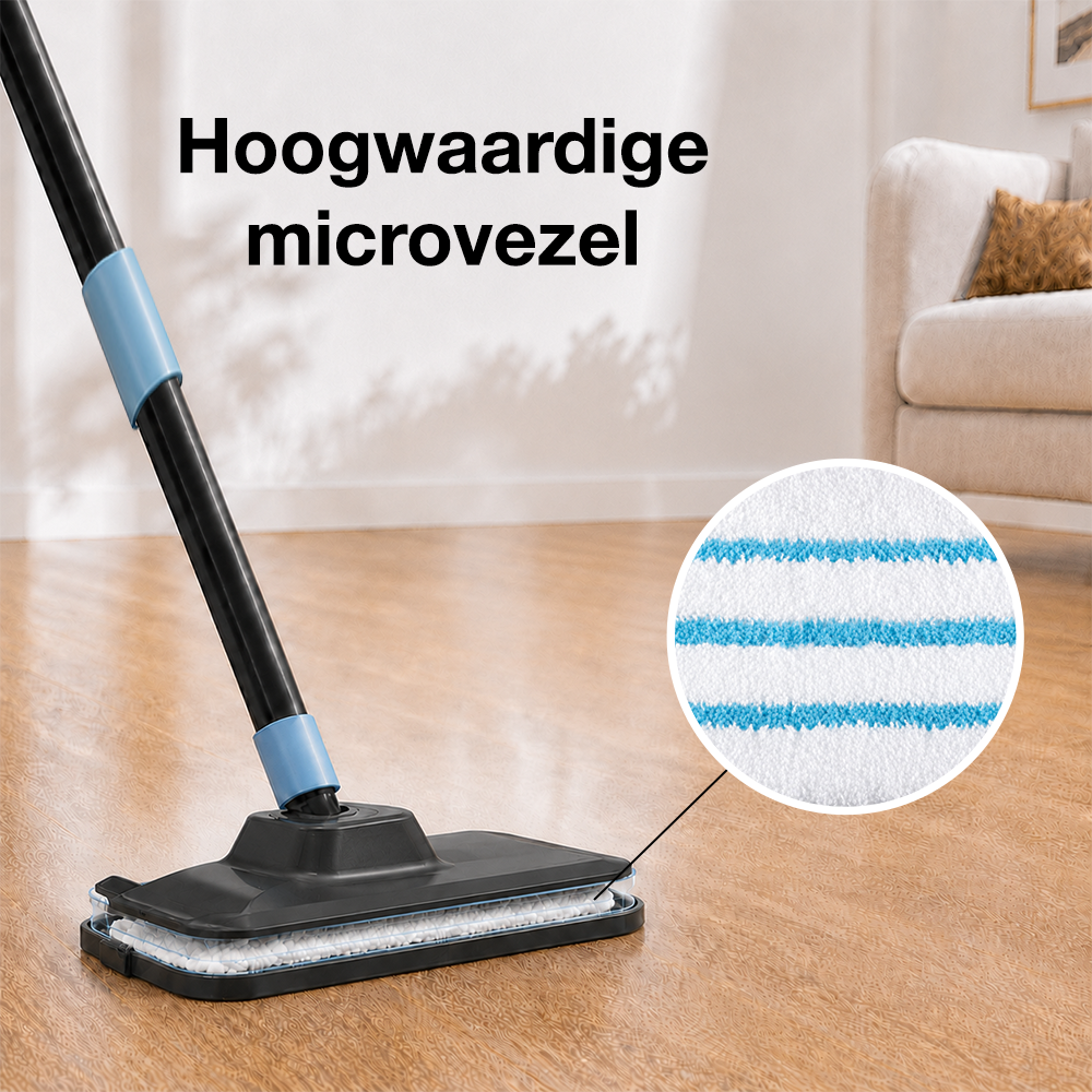 Una fregona en un suelo de madera con un recuadro que muestra la almohadilla de microfibra azul y blanca.