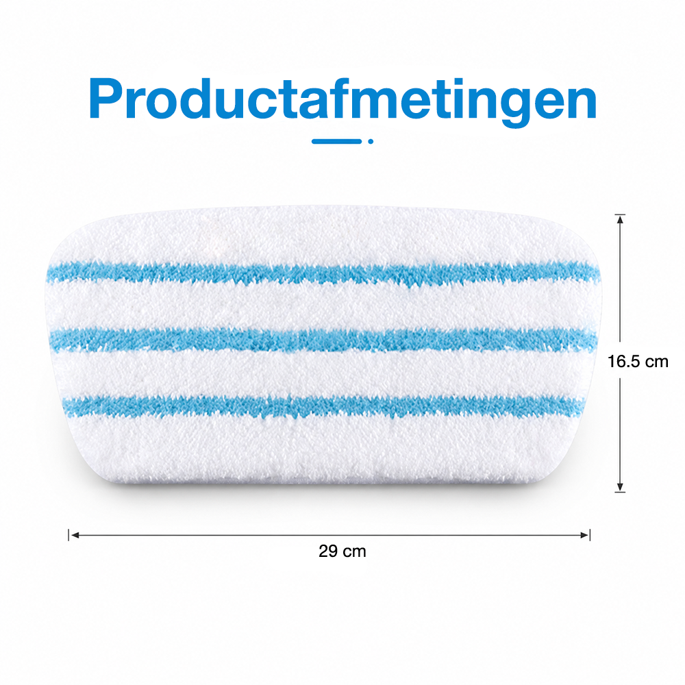El diagrama muestra una mopa blanca, de 29 cm de ancho y 16,5 cm de alto, con rayas azules.