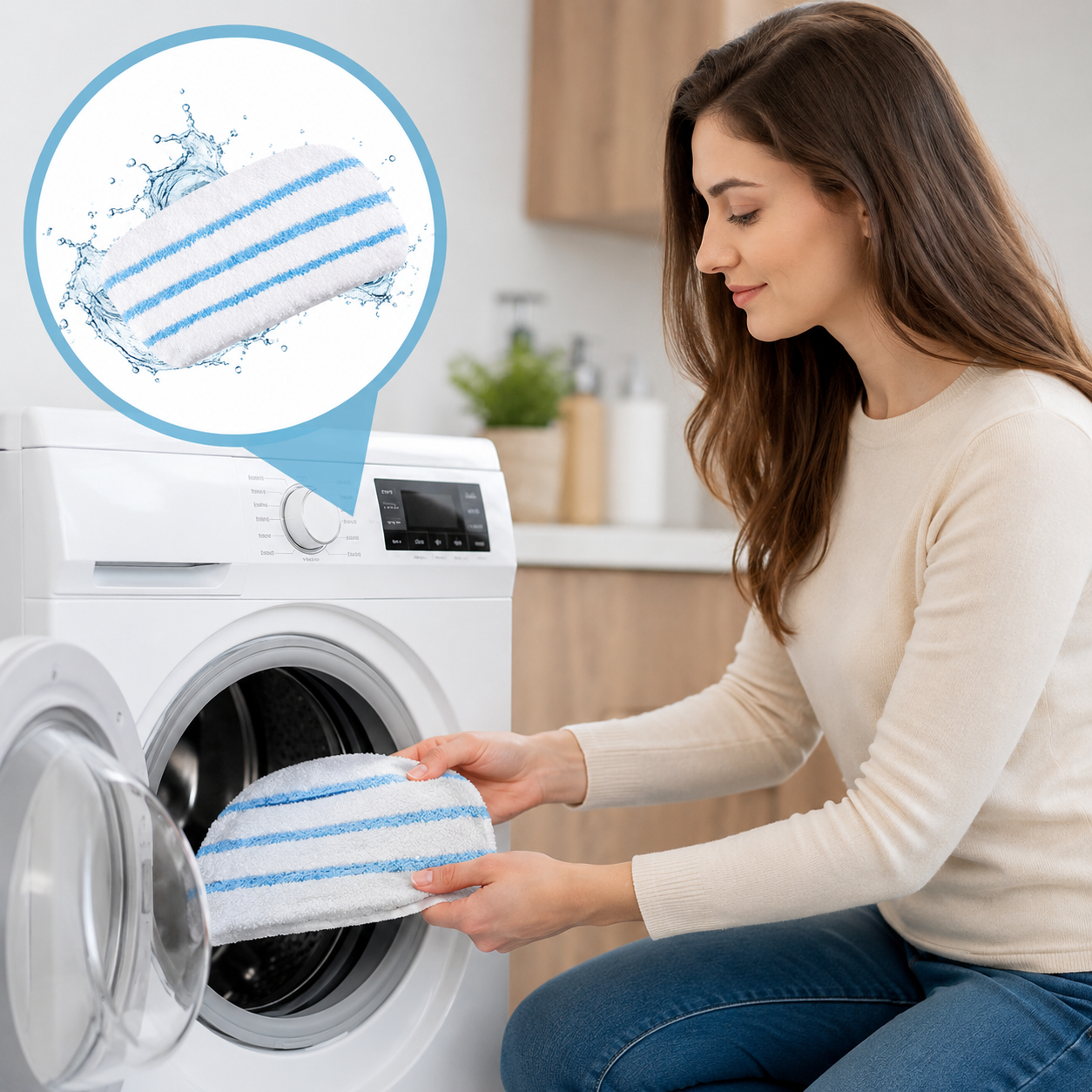 Una mujer coloca un paño a rayas blancas y azules en una lavadora, con un gráfico de agua.