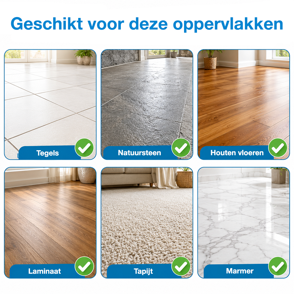 Seis imágenes que muestran superficies compatibles como azulejos, piedra, madera, laminado, alfombra y mármol.