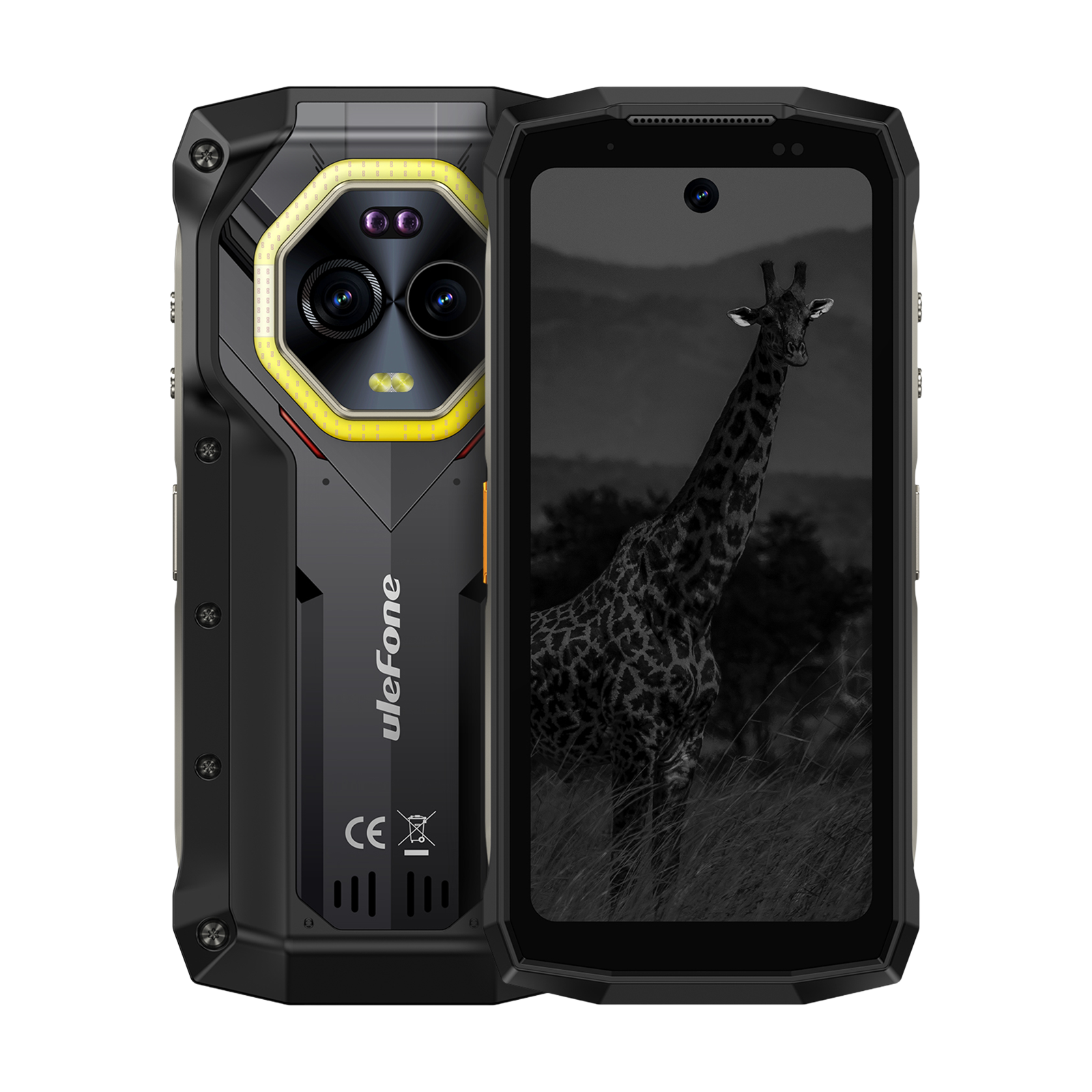 Uno smartphone rugged Ulefone mostra la vista anteriore e posteriore con uno sfondo di giraffa.