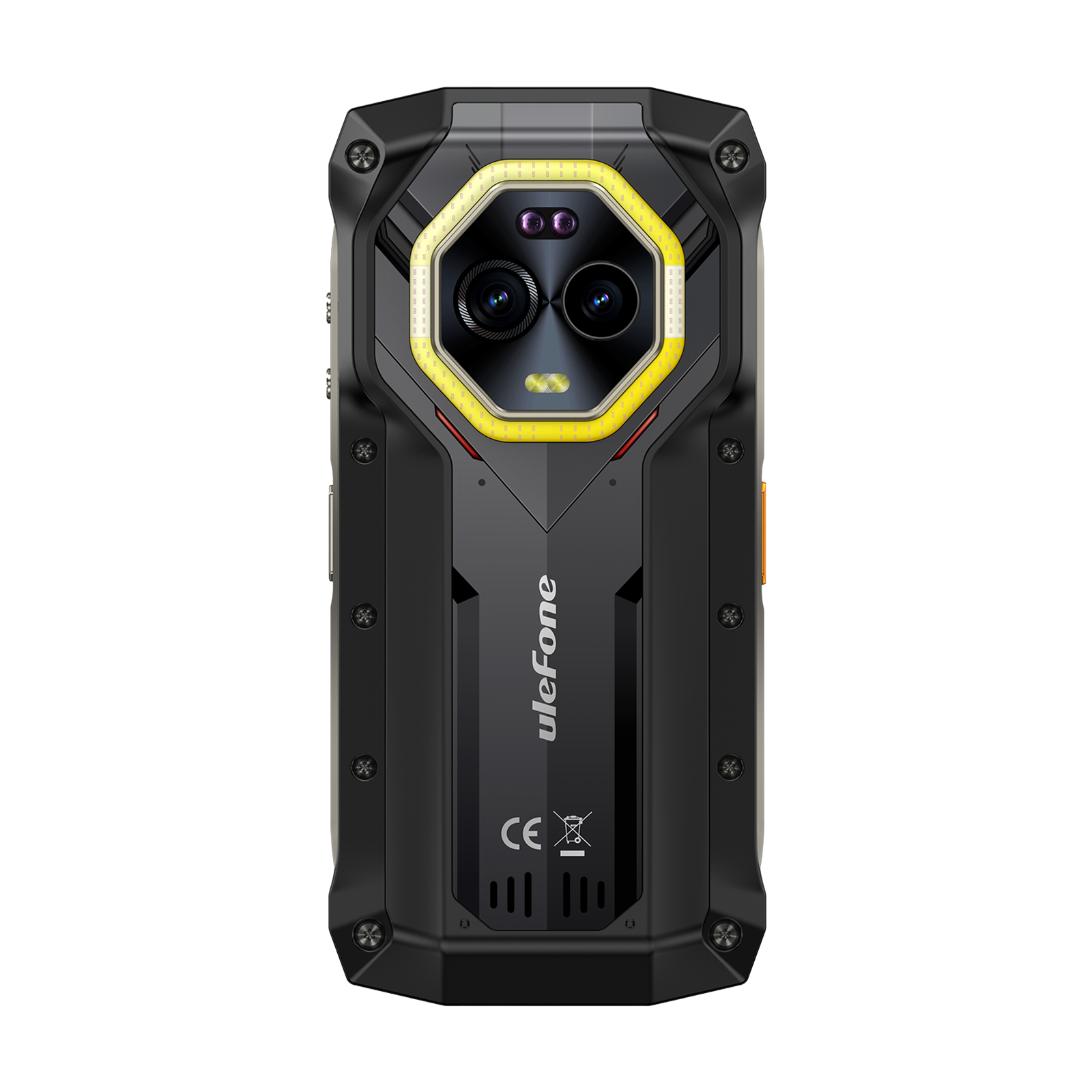 Retro di uno smartphone Ulefone robusto con tripla fotocamera e anello giallo su sfondo nero.