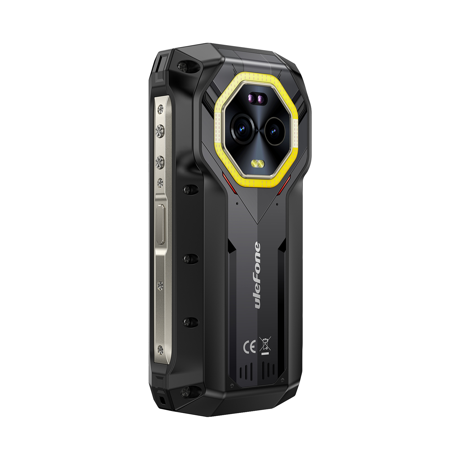 Uno smartphone nero e robusto con tripla fotocamera e anello giallo sul retro, su sfondo scuro.