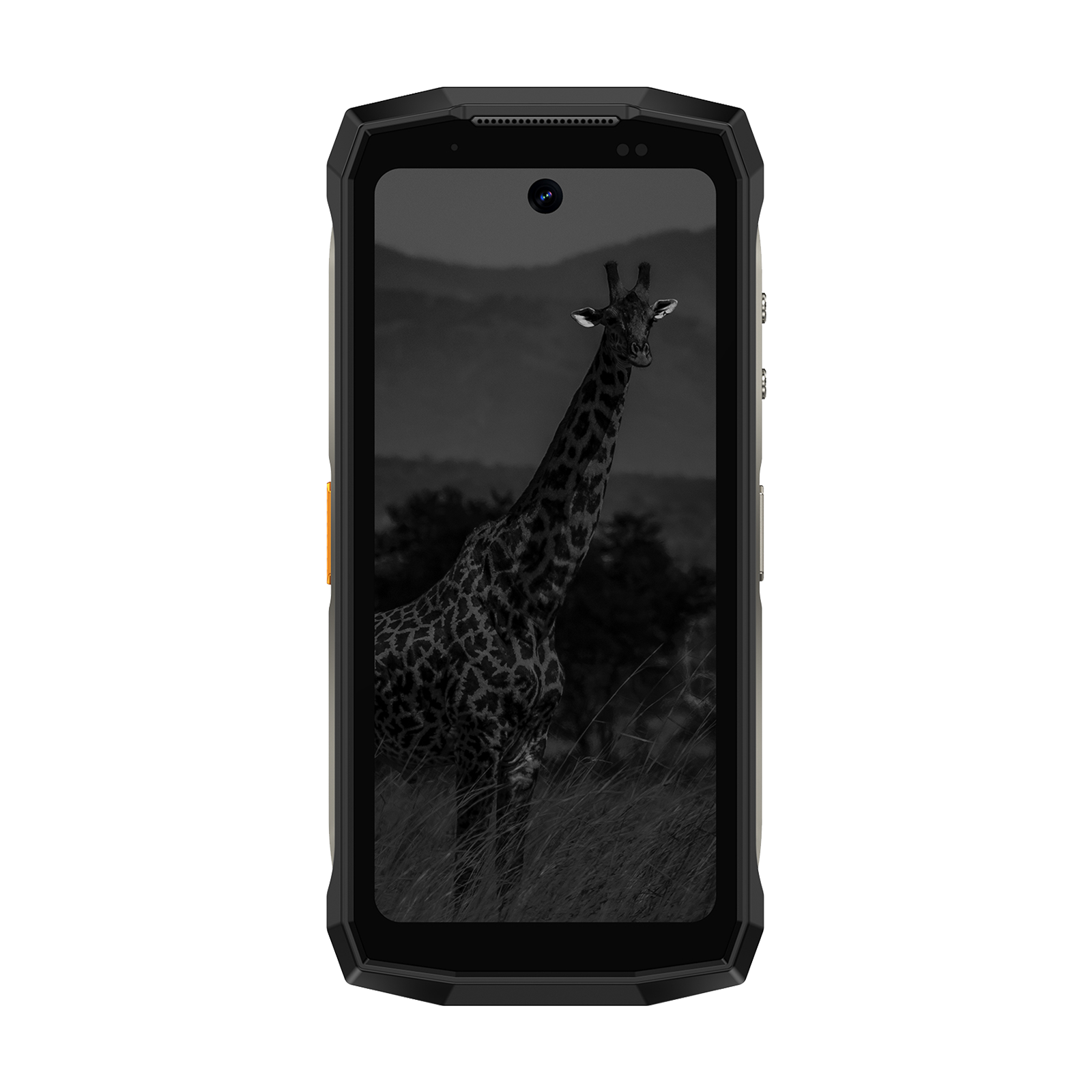Uno smartphone nero e robusto che mostra l'immagine in scala di grigi di una giraffa sullo schermo.