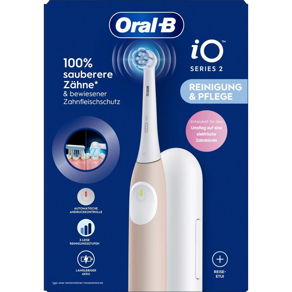 Confezione dello spazzolino elettrico rosa Oral-B iO Series 2 su sfondo blu con testo promozionale.