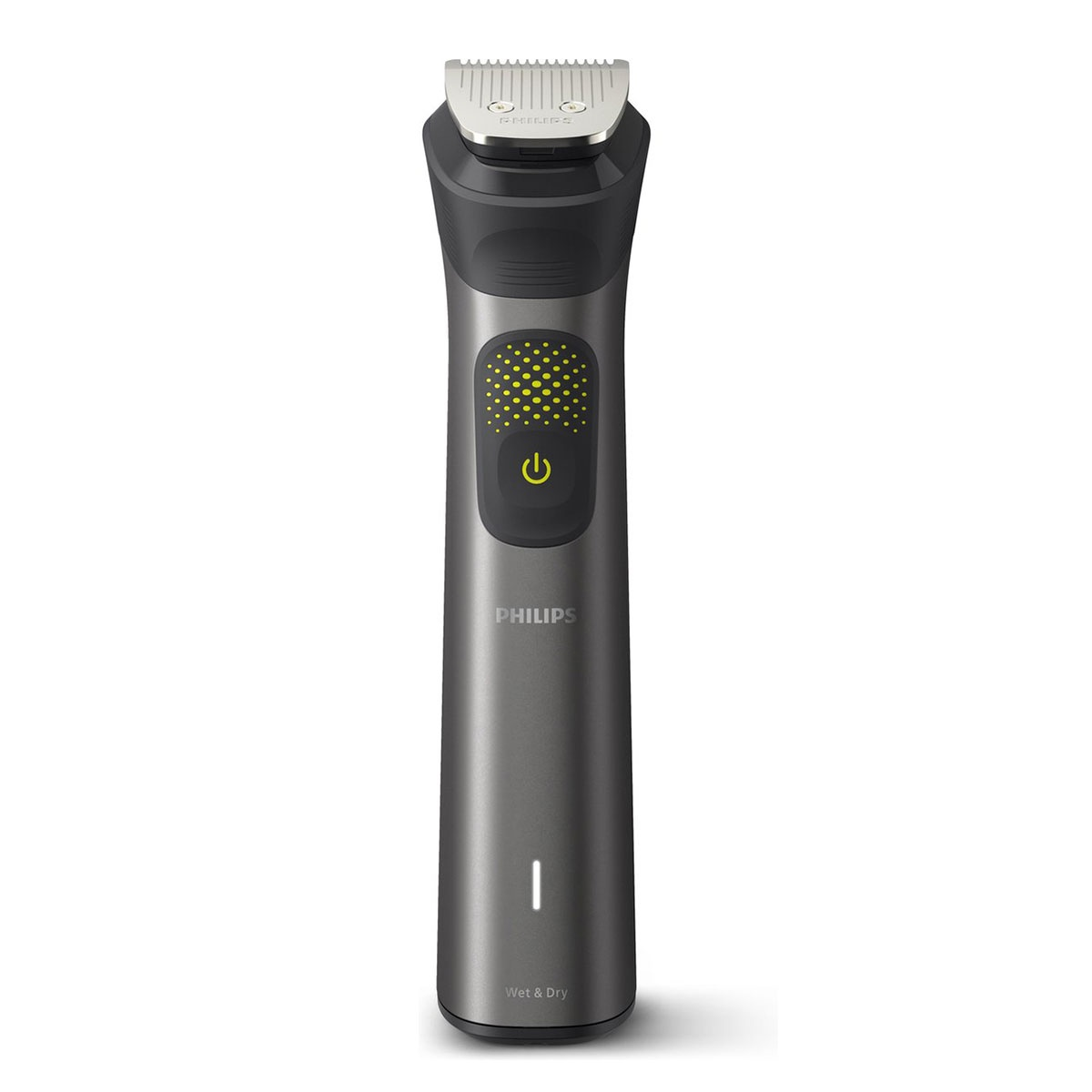 Regolabarba Philips grigio scuro con lama argentata, pulsante di accensione e indicatore LED su sfondo bianco.