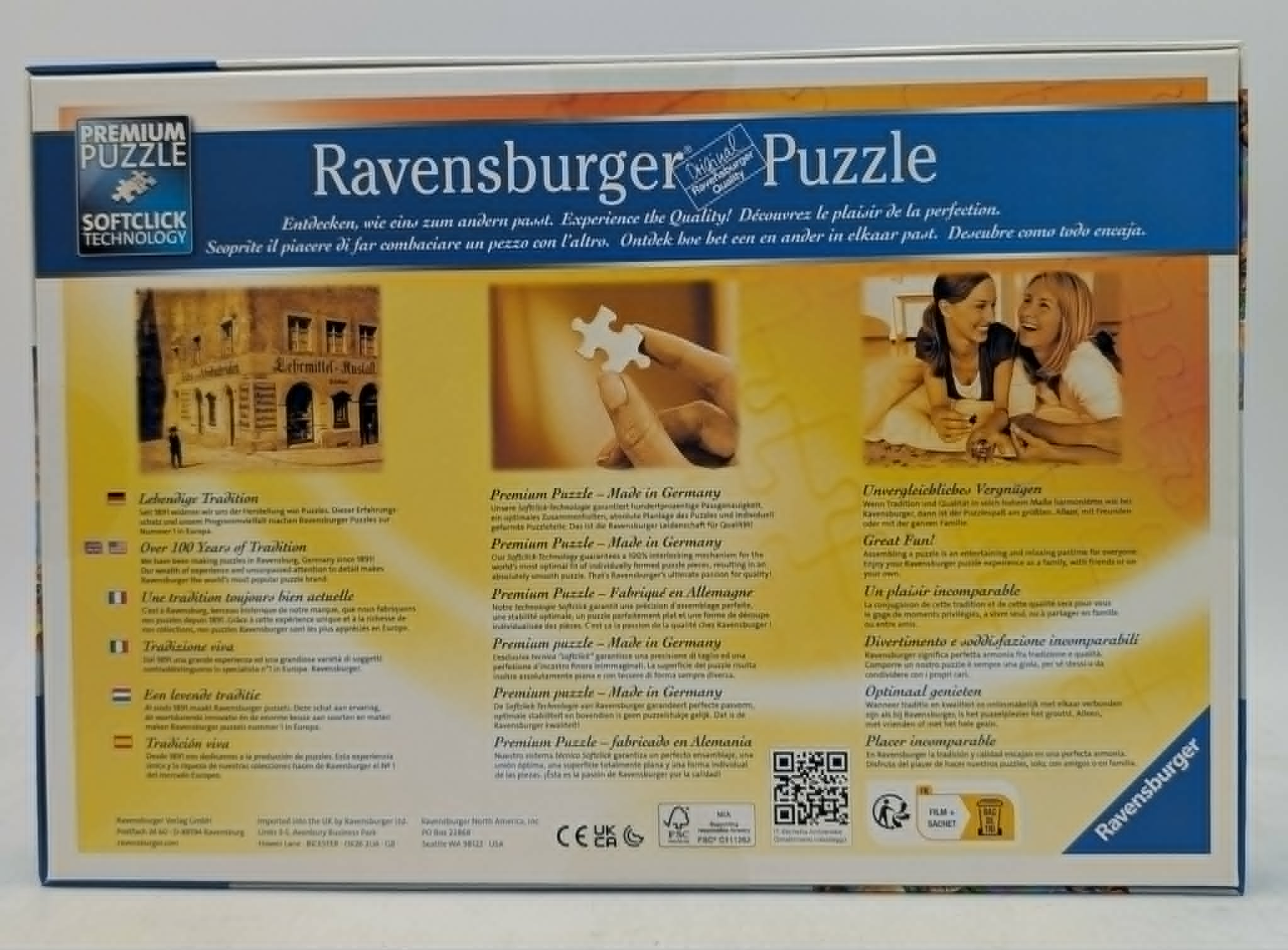 Rückseite einer Ravensburger Puzzle-Schachtel mit blauen Akzenten, Text und Bildern.