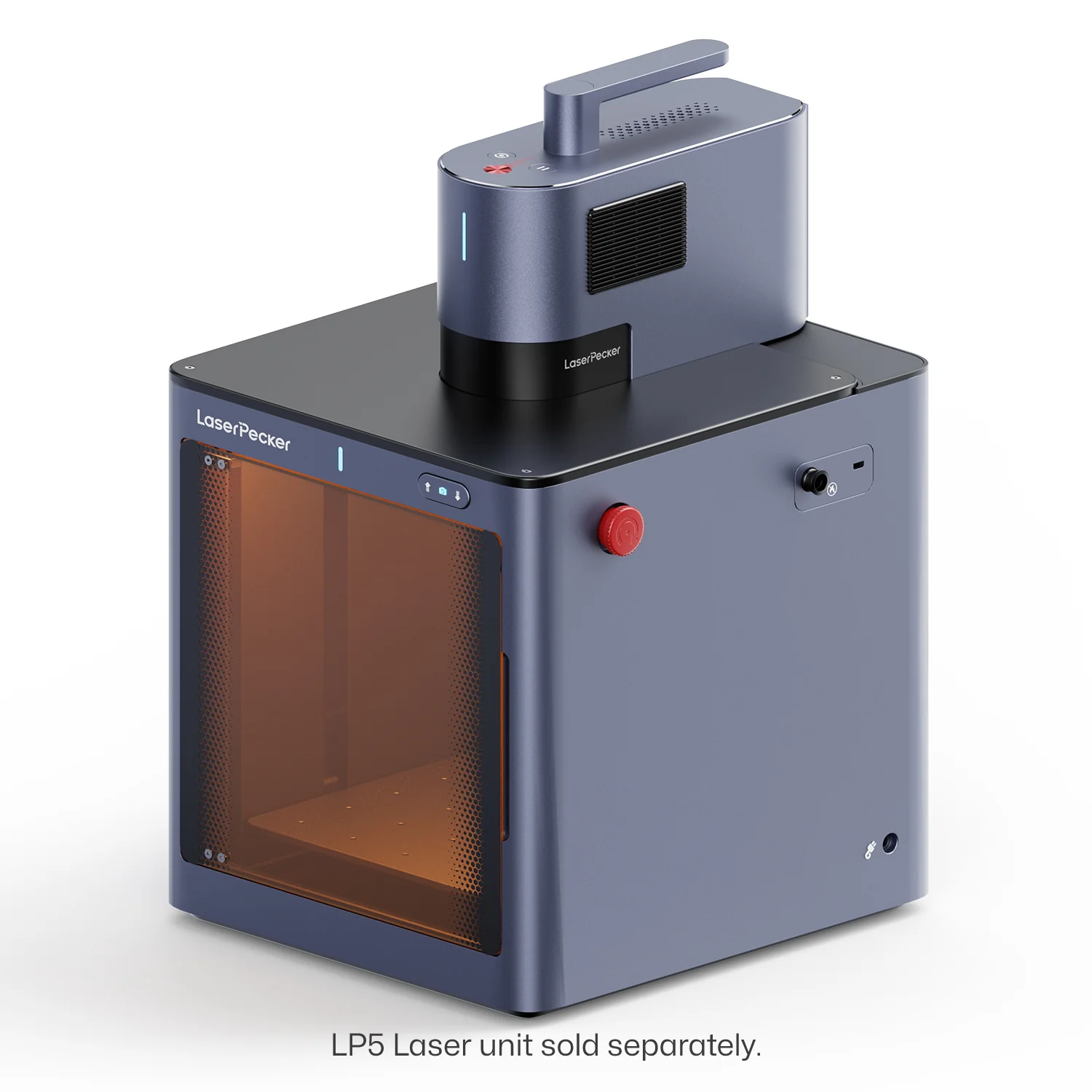 Une machine de gravure laser LaserPecker bleue et noire avec une porte de protection orange sur fond blanc.