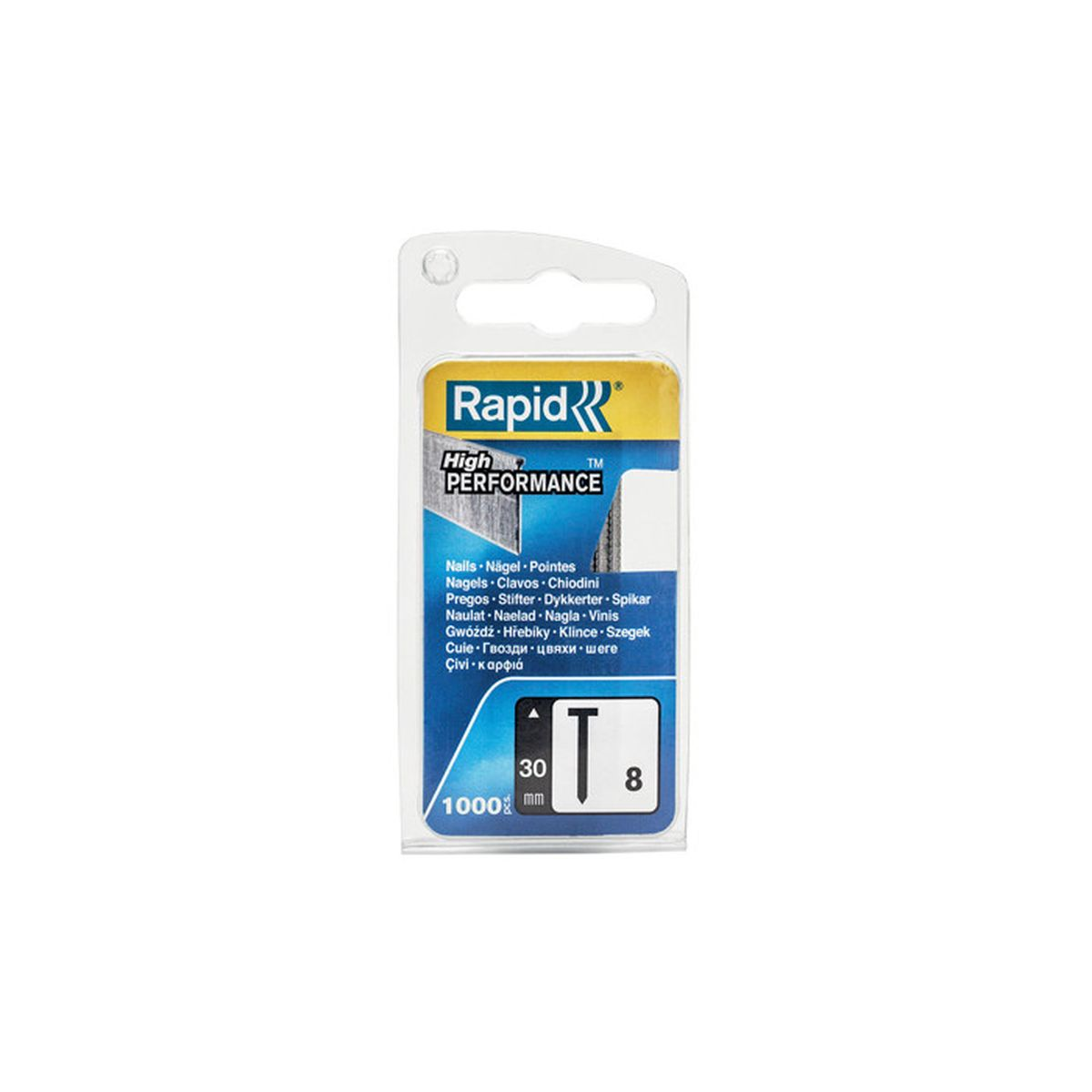 Packung Rapid High Performance Tackerklammern, 30 mm lang, 8 mm breit, insgesamt 1000 Stück.