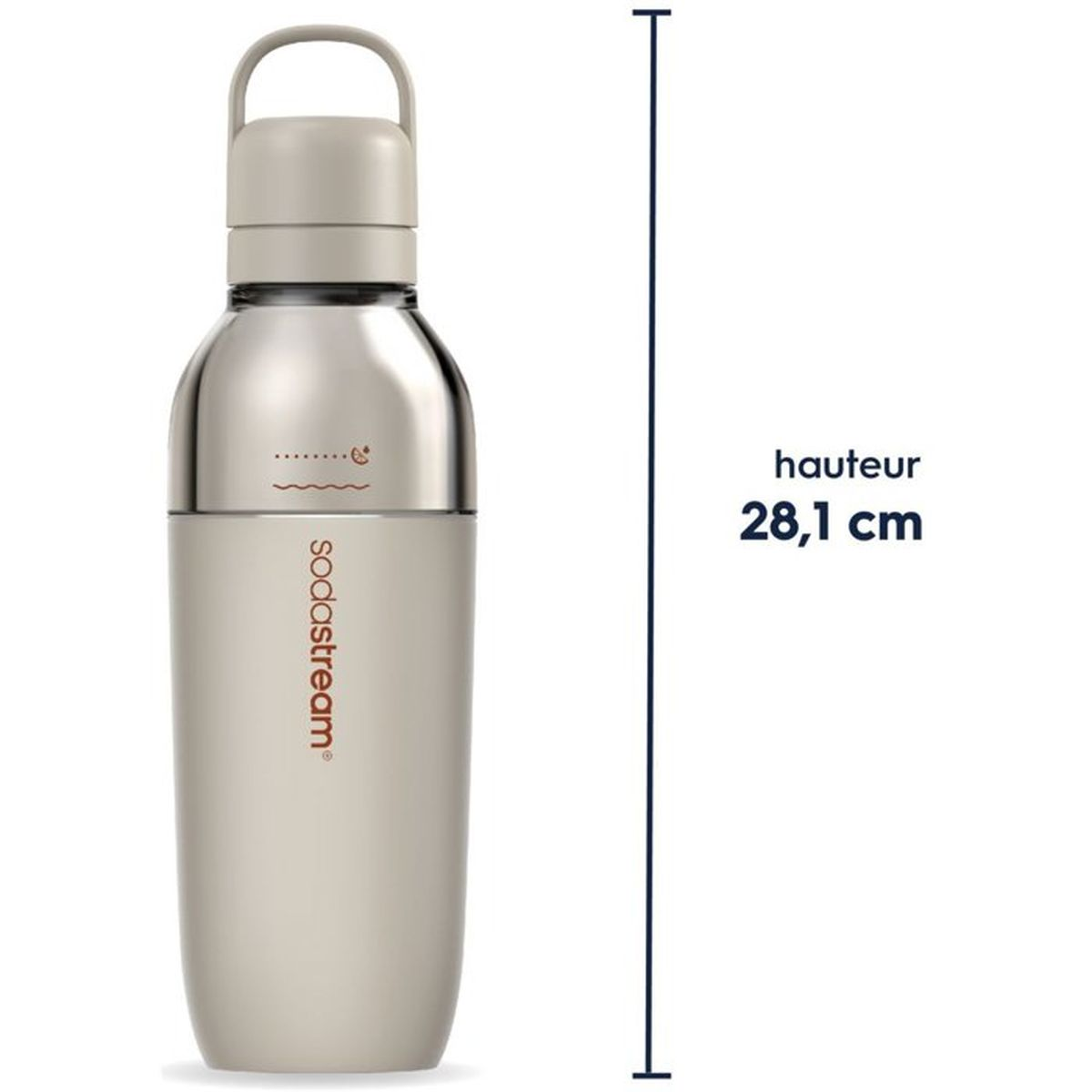 Eine beigefarbene Sodastream-Flasche mit silbernem Oberteil, Handgriff und einer Höhe von 28,1 cm.