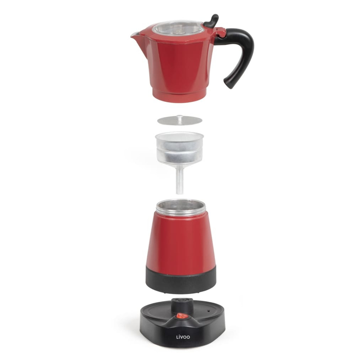 Eine rote elektrische Mokkakanne mit ihren auseinandergenommenen Teilen, einem Filter, einem Behälter und einem Sockel.