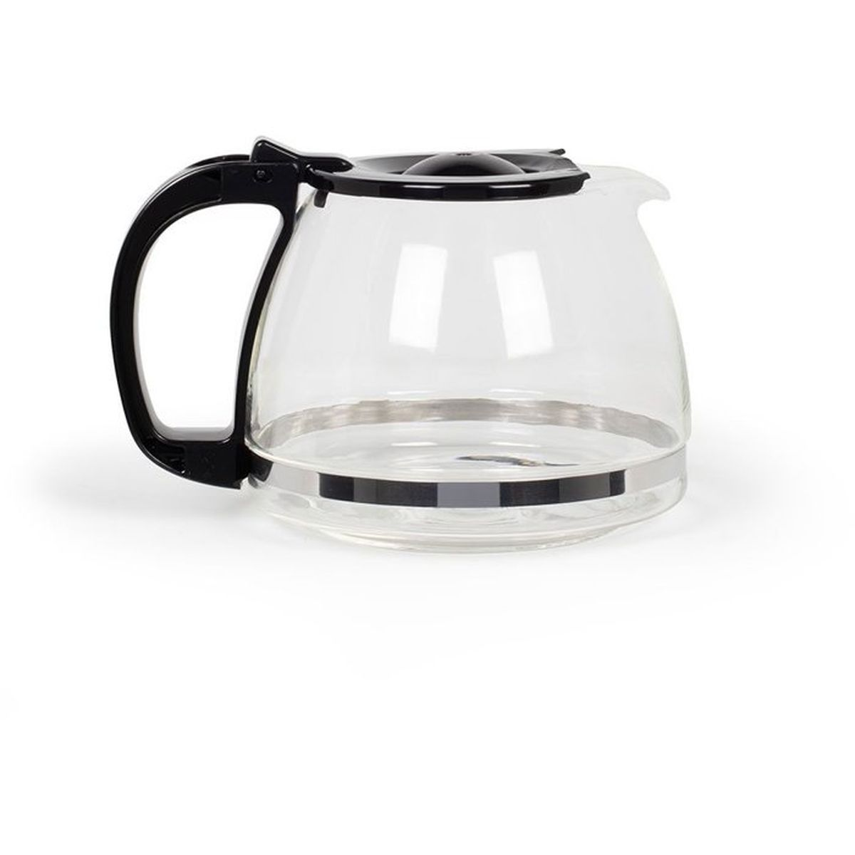 Eine Glas-Kaffeekanne mit schwarzem Griff, Deckel und Metallband auf weißem Hintergrund.
