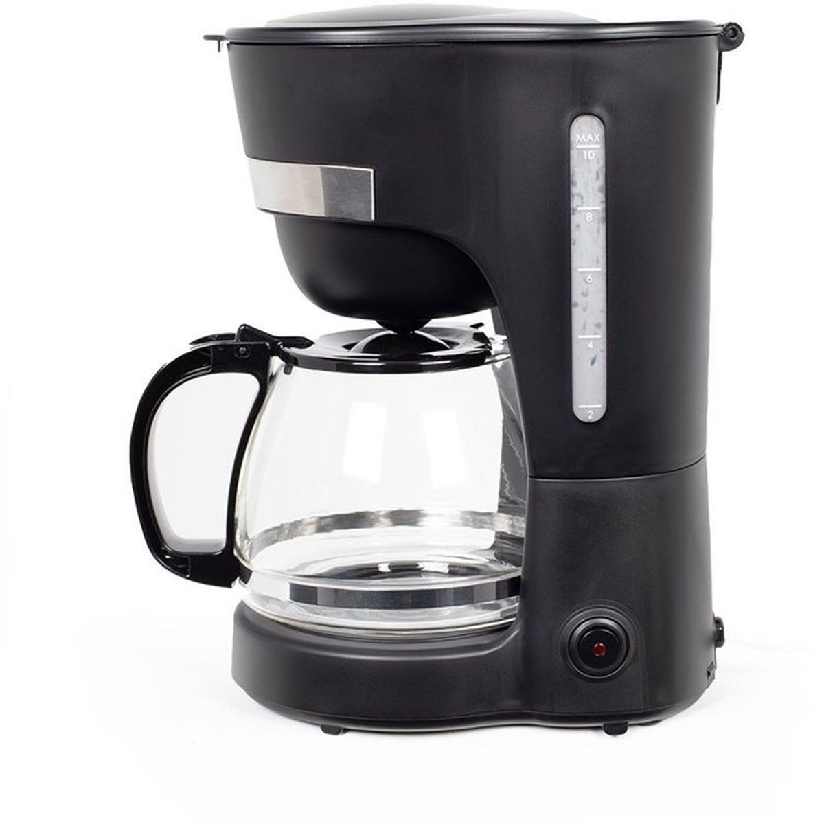 Schwarze Kaffeemaschine mit Glaskanne und Wasserstandsanzeige auf weißem Hintergrund.