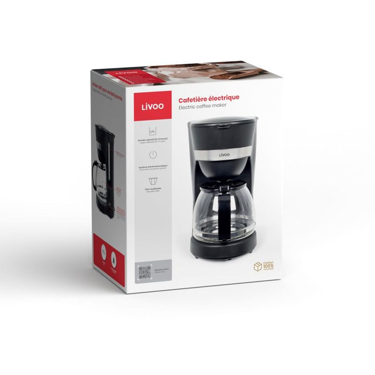 Verpackungskarton für eine schwarze elektrische Filterkaffeemaschine von Livoo mit Glaskanne.