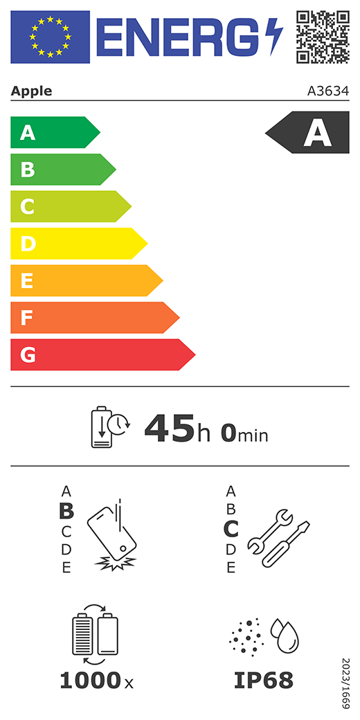 EU-energielabel met energieklasse A, batterijduur van 45u en IP68-certificering.