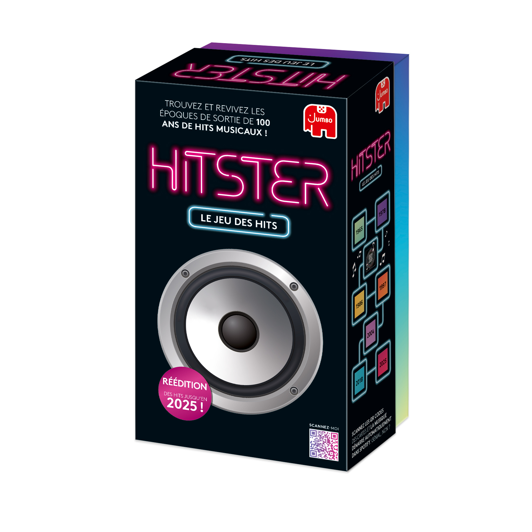 Scatola del gioco musicale Hitster nera con scritta neon rosa, grande altoparlante e testo in francese.