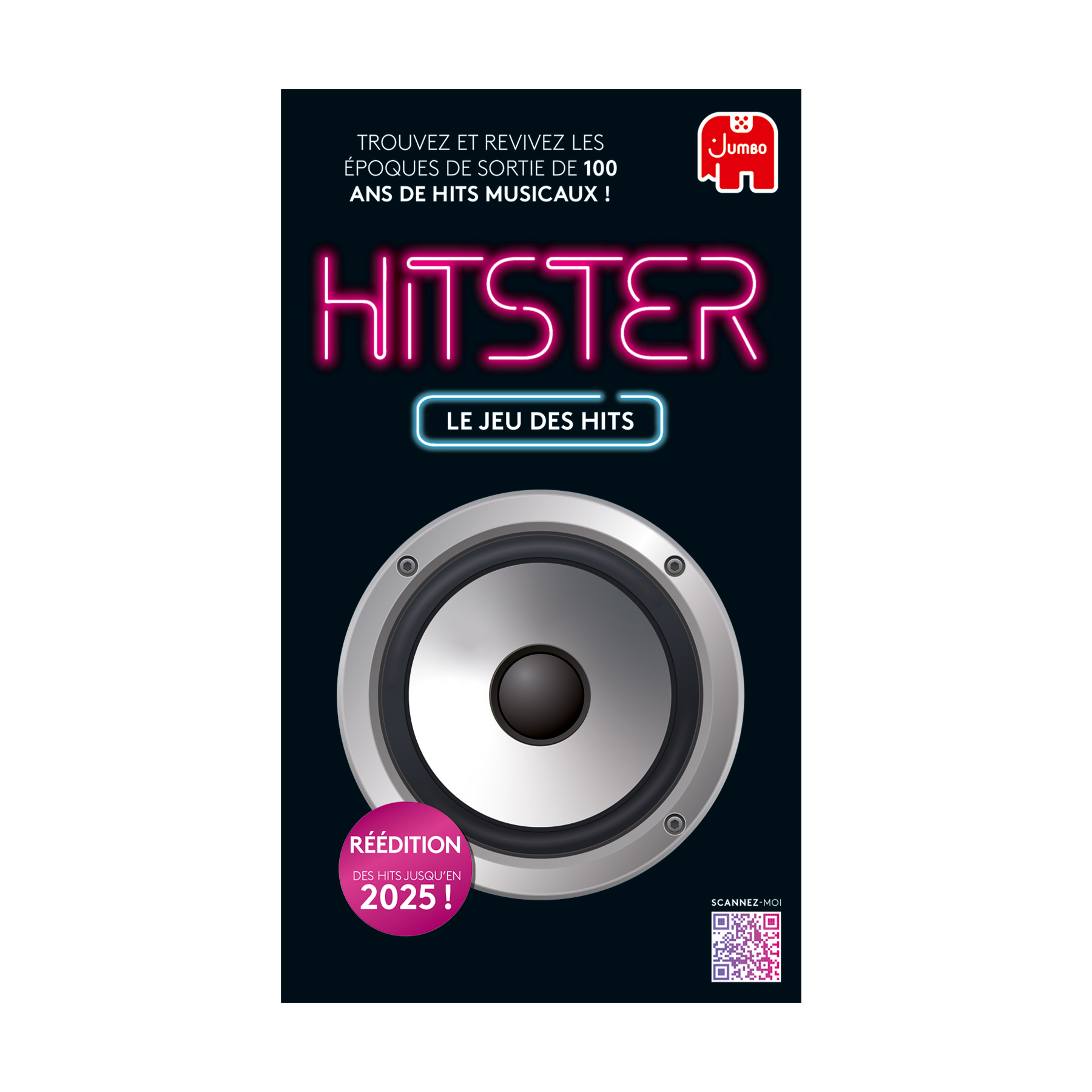 Scatola del gioco da tavolo Hitster con altoparlante e scritta al neon su sfondo nero.
