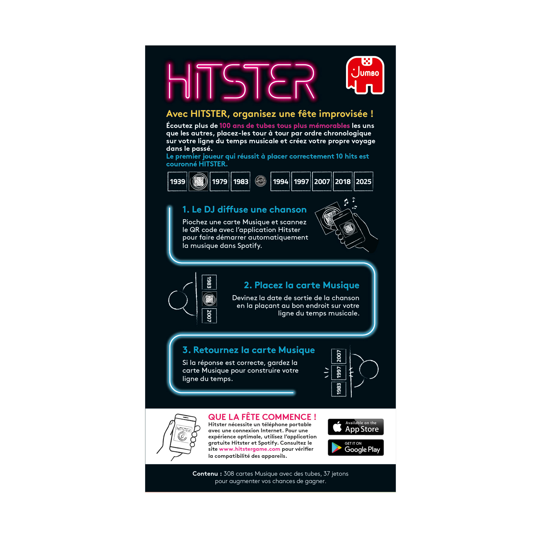 Infografica del gioco da festa Hitster con tre passaggi, spiegazioni in francese e icone di download dell'app.