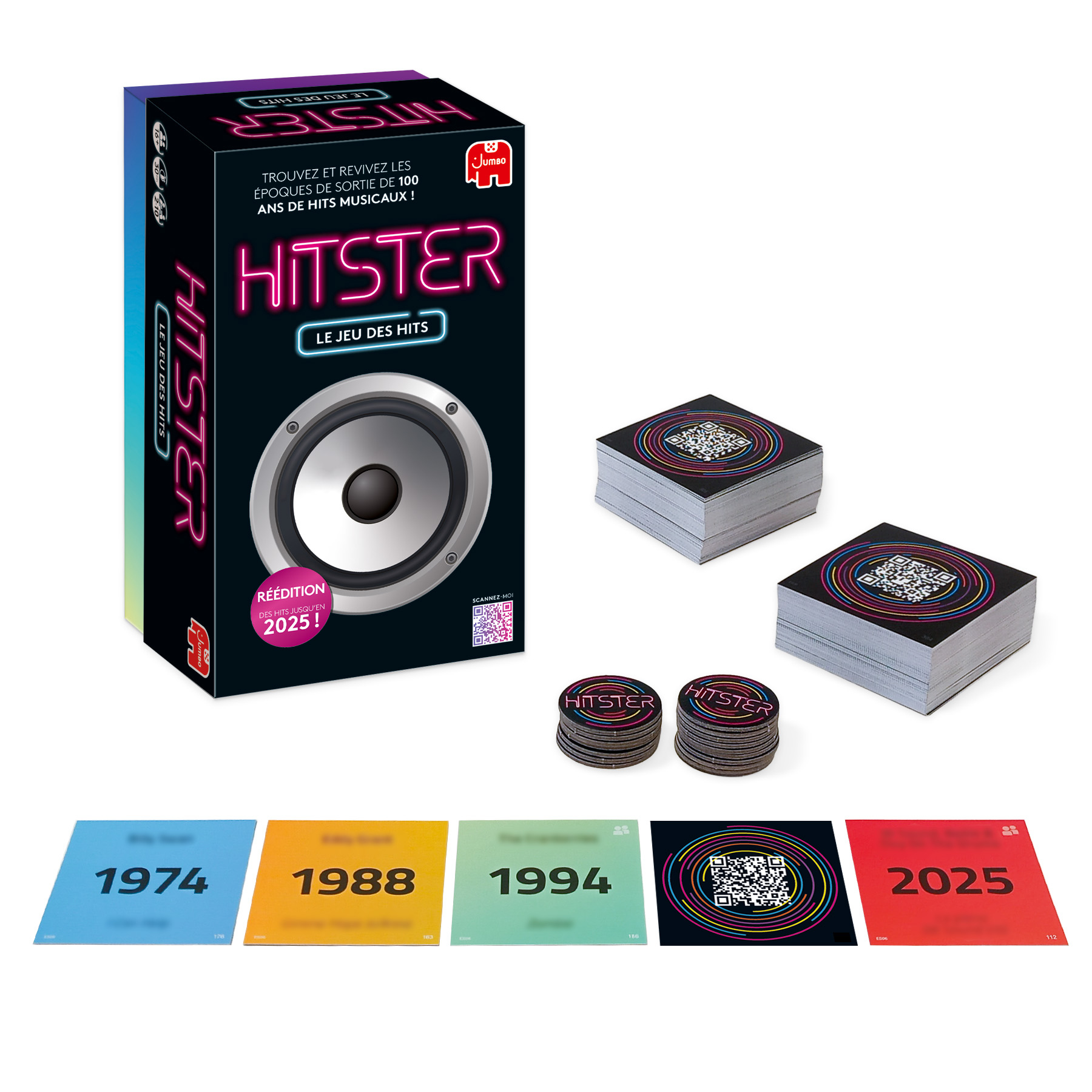 Scatola del gioco Hitster, due mazzi di carte, due pile di gettoni e cinque carte disposte con anni e codici QR.