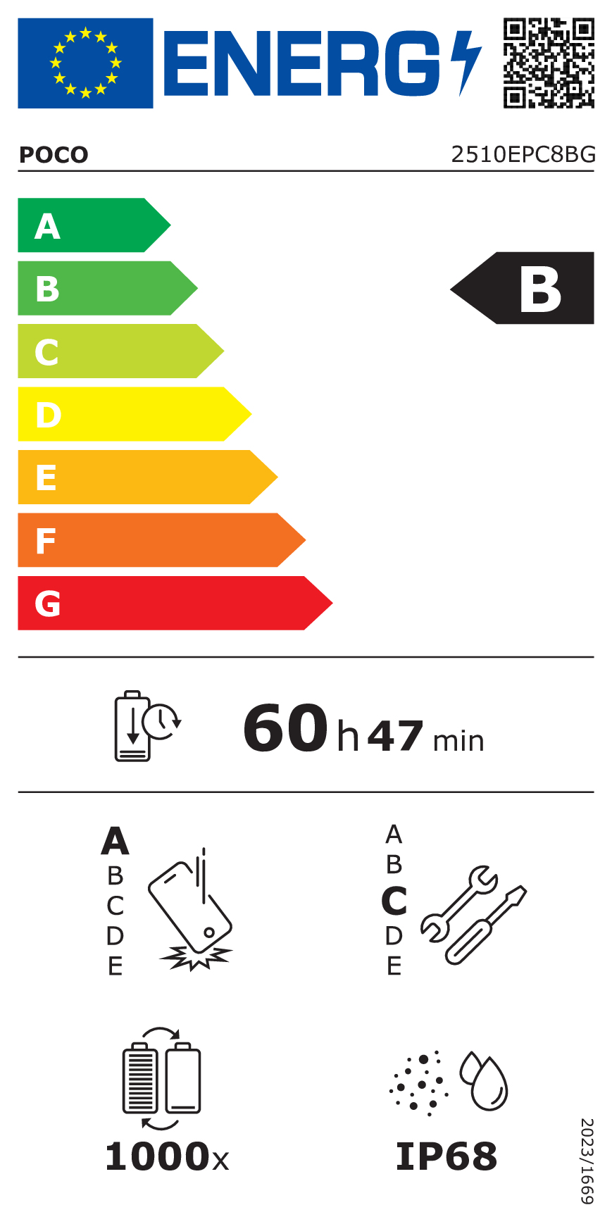 Etichetta energetica B per smartphone POCO con icone e IP68.