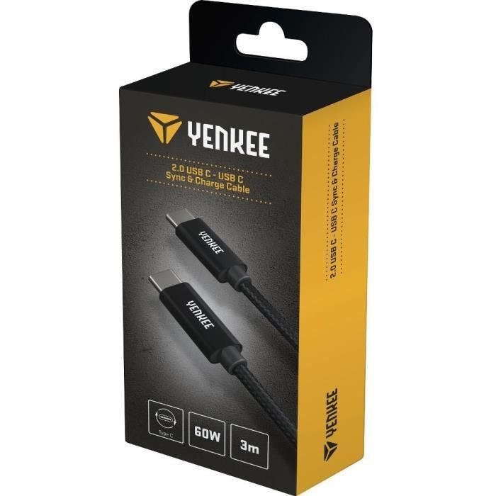 Yenkee USB-C zu USB-C Ladekabel Verpackung, schwarz und gelb mit Produktdetails.