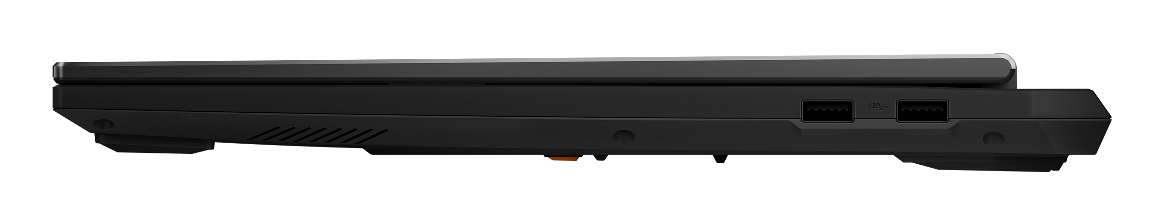 Seitenansicht eines geschlossenen schwarzen Laptops mit sichtbaren USB-Anschlüssen auf der rechten Seite.