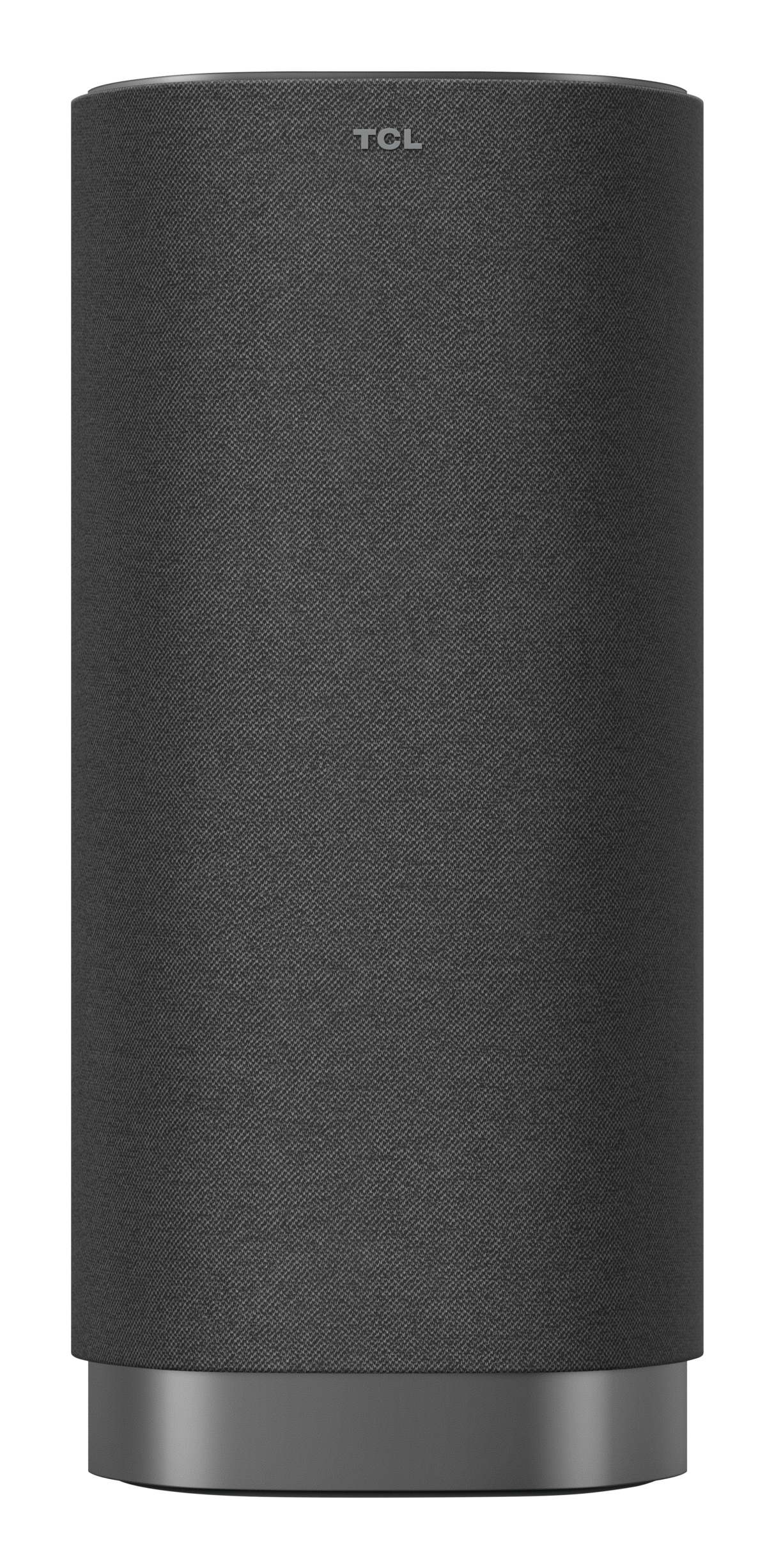 Un altavoz cilíndrico de tela gris de TCL sobre una base metálica oscura.