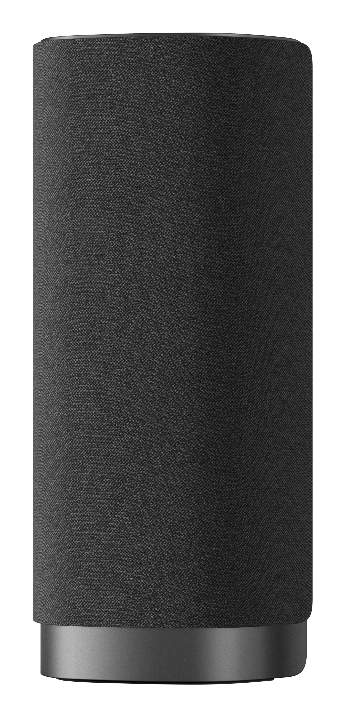 Un altavoz inteligente negro cilíndrico con cubierta de tela y base de metal sobre fondo blanco.