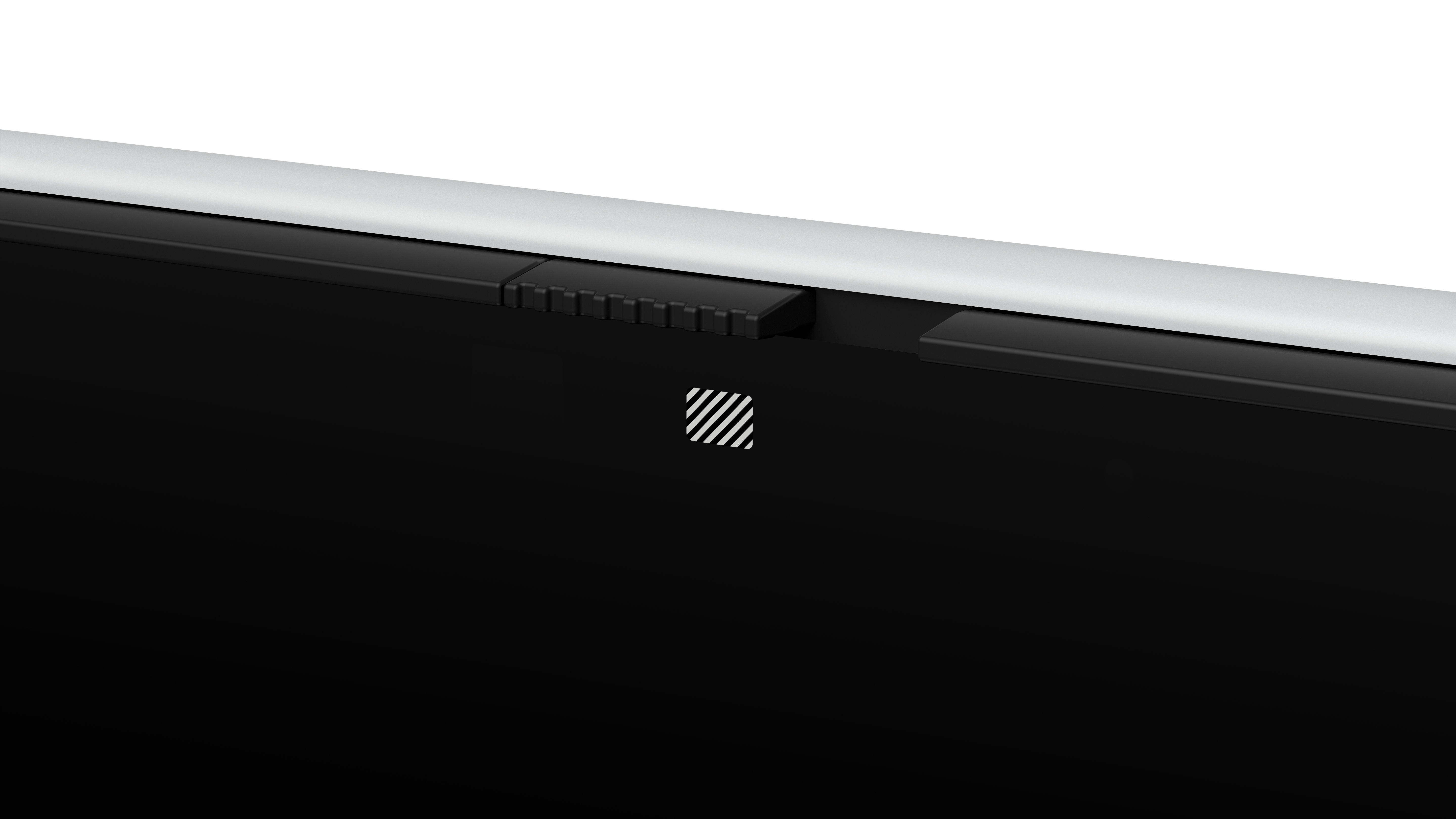 Close-up of a black laptop webcam privacy cover and white logo on black display against a white background.