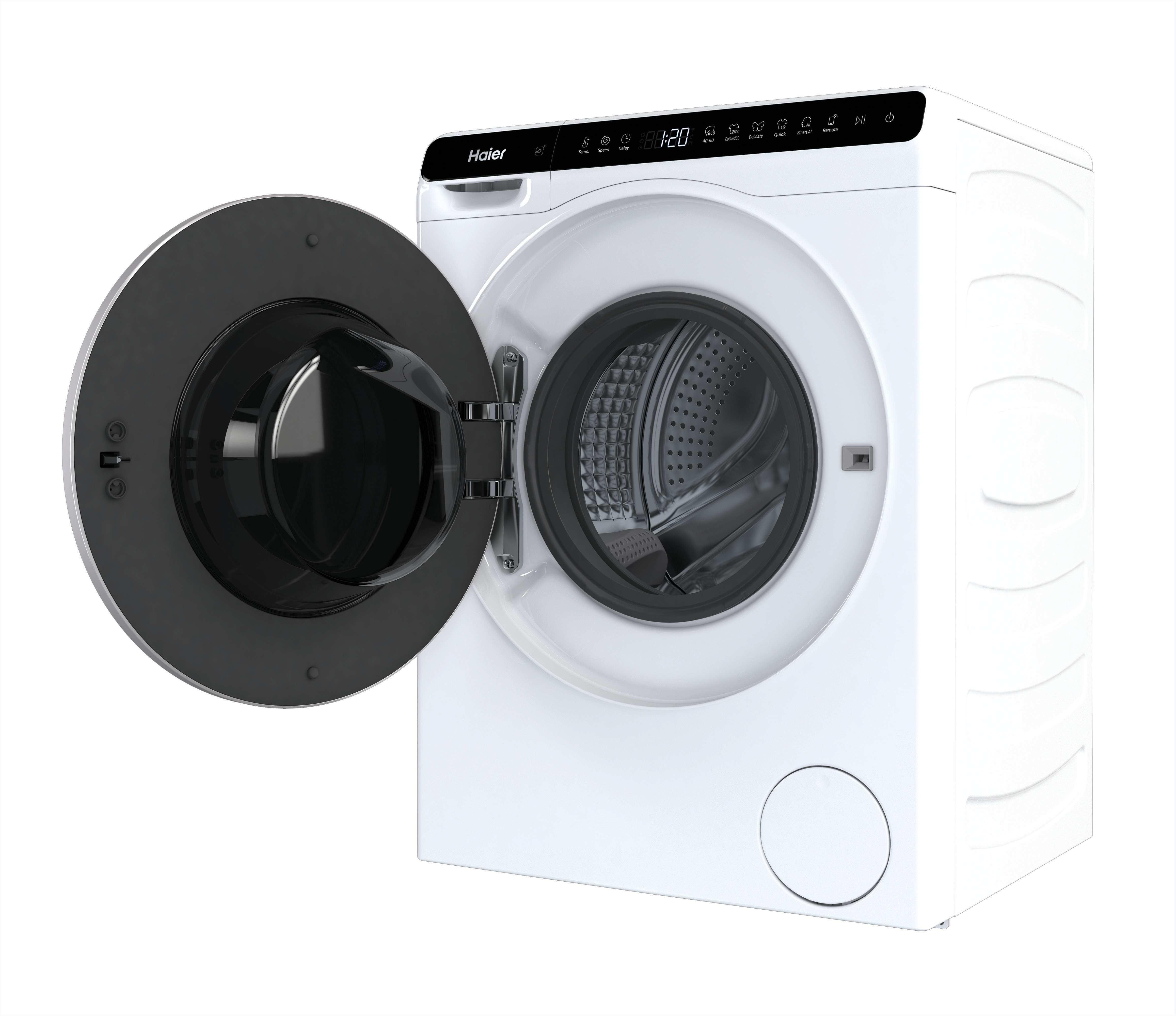 Un lave-linge Haier blanc avec porte en verre noir ouverte, sur fond blanc.