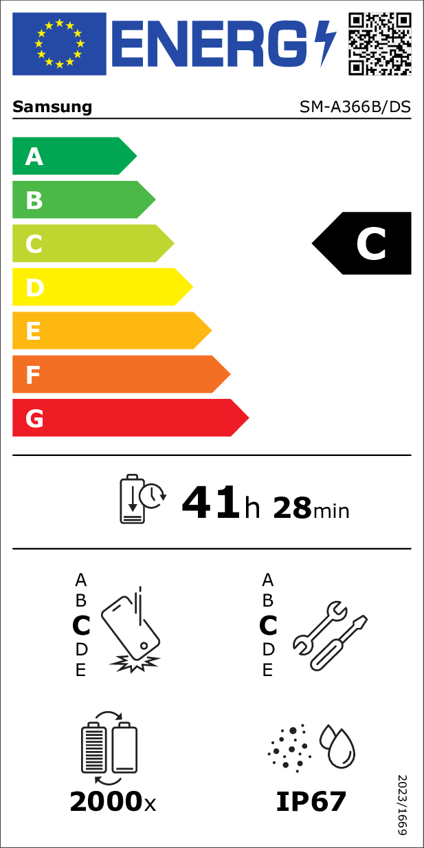 Etykieta efektywności energetycznej C dla Samsung SM-A366B/DS.