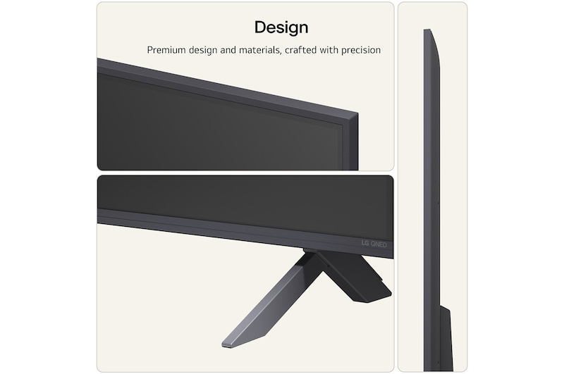 Primer plano del diseño de un televisor que muestra marcos finos, soporte y perfil lateral, con texto sobre diseño prémium.