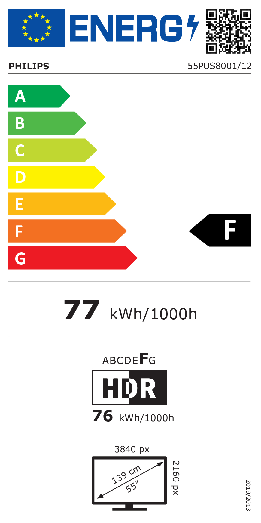 Etykieta energetyczna telewizora Philips 55PUS8001/12, klasa F, 77 kWh/1000h, przekątna ekranu 55 cali.