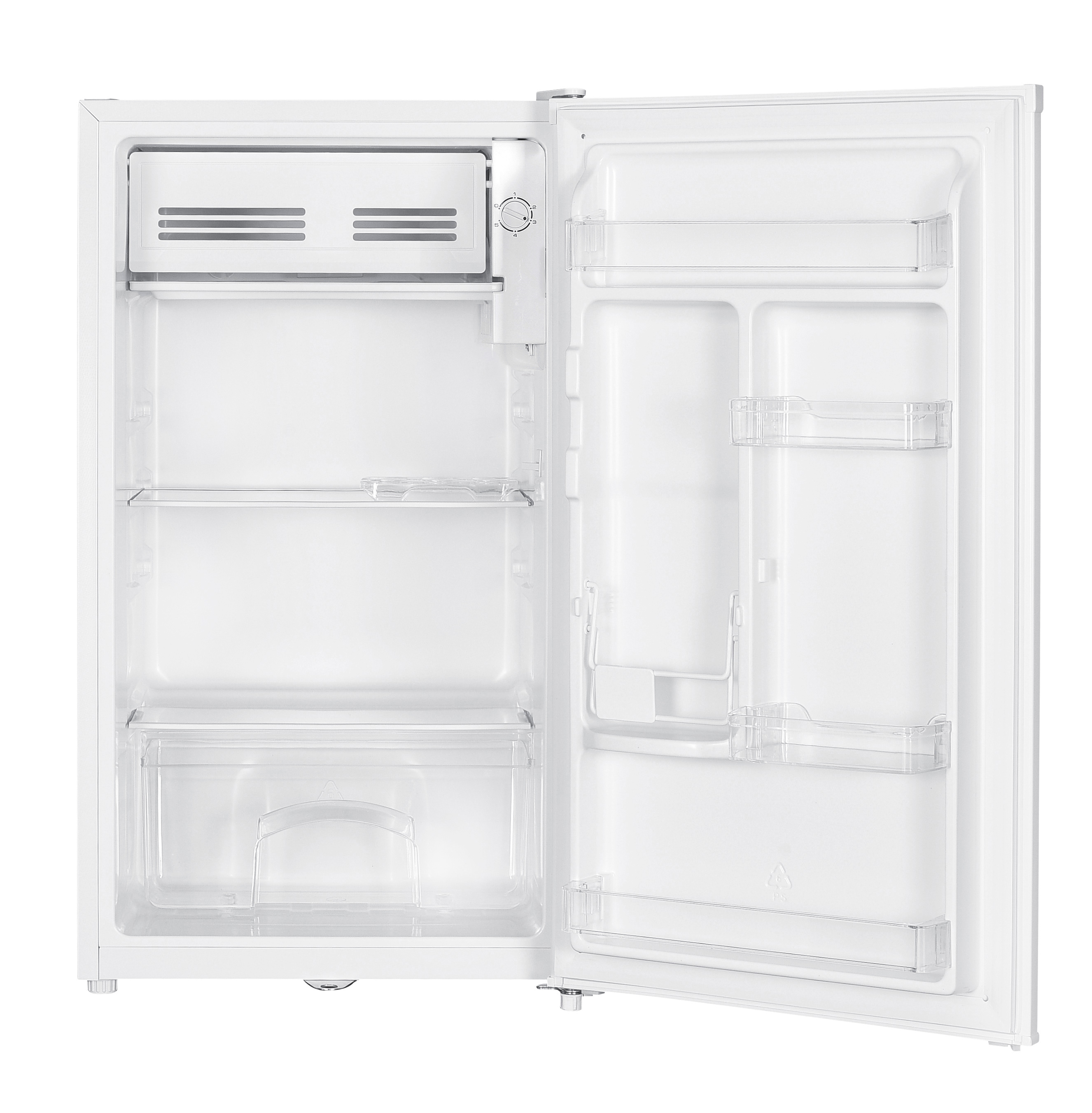 Un piccolo frigorifero bianco con porta aperta, interno e ripiani vuoti.