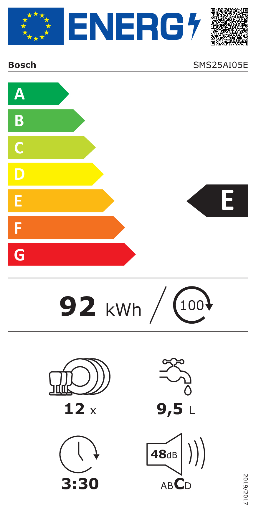 Etykieta energetyczna Bosch dla zmywarki klasy E, 92 kWh, 12 kompletów, 9,5 L, 48 dB.