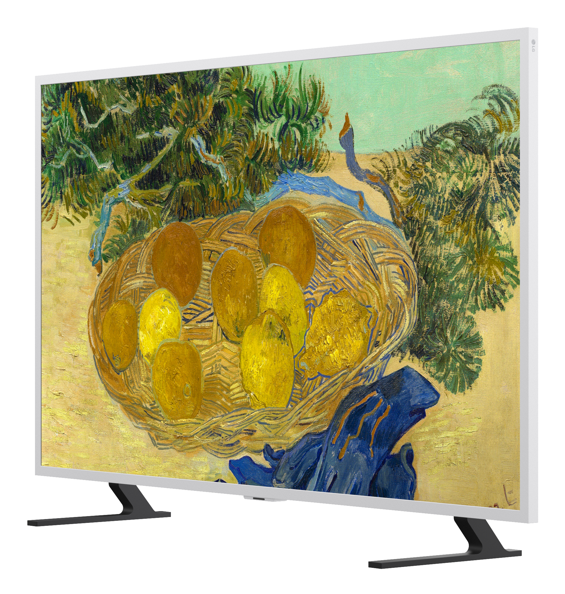 Una TV bianca su supporto mostra il dipinto di Van Gogh di un cesto di limoni.