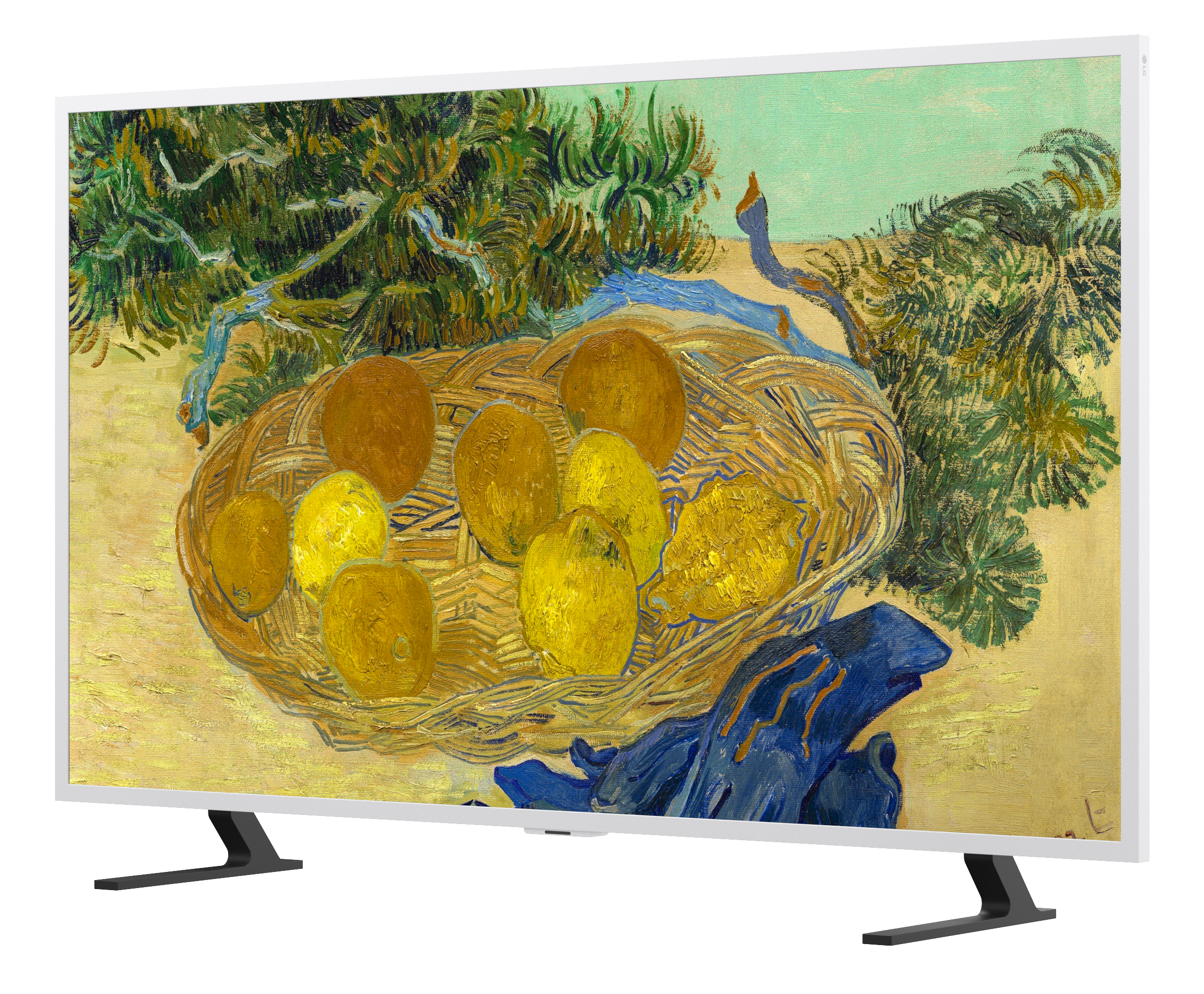 Un televisore bianco mostra il dipinto di frutta in un cesto su uno sfondo verde.