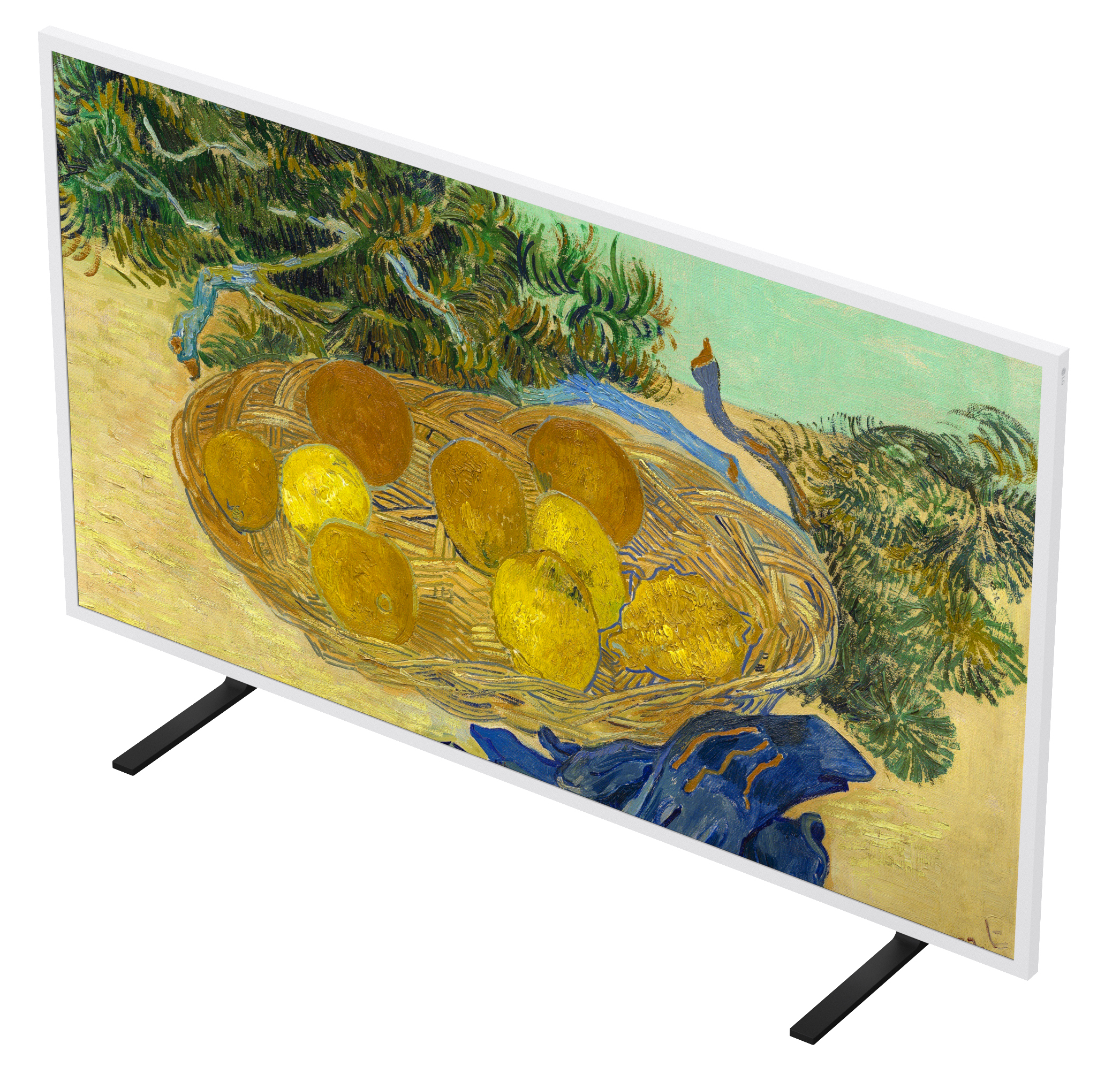 Un televisore bianco su supporti neri mostra un dipinto di limoni in un cestino.
