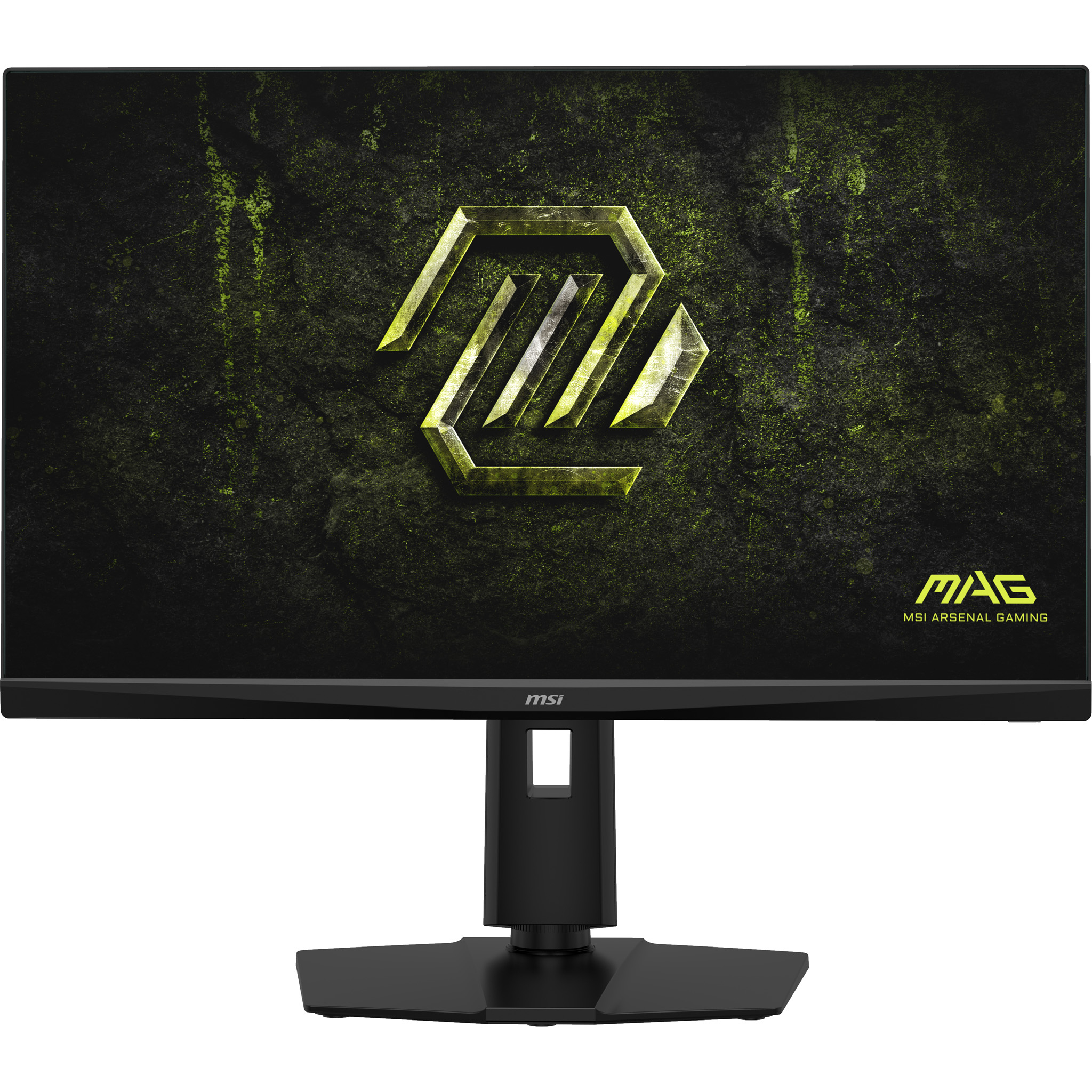 Siyah bir MSI oyun monitörü, MAG markalı dokulu yeşil bir arka plan üzerinde altın rengi bir logo gösteriyor.