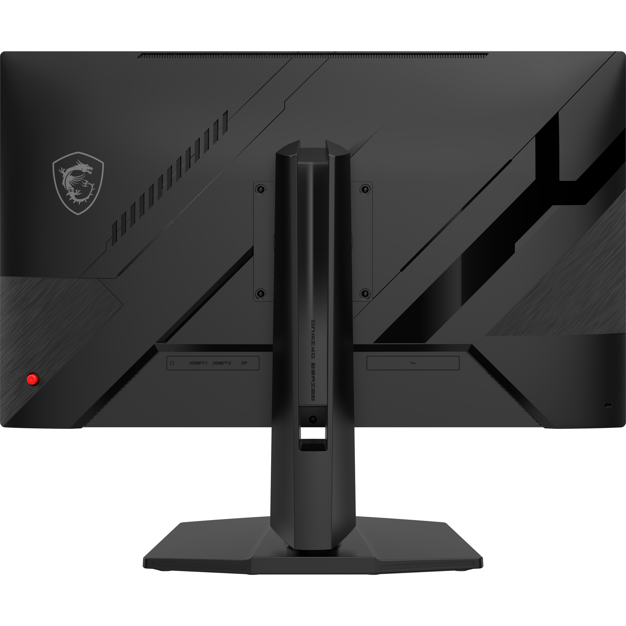 Ergonomik standı, bağlantı noktaları ve kırmızı joystick düğmesi olan siyah bir MSI oyuncu monitörünün arkası.