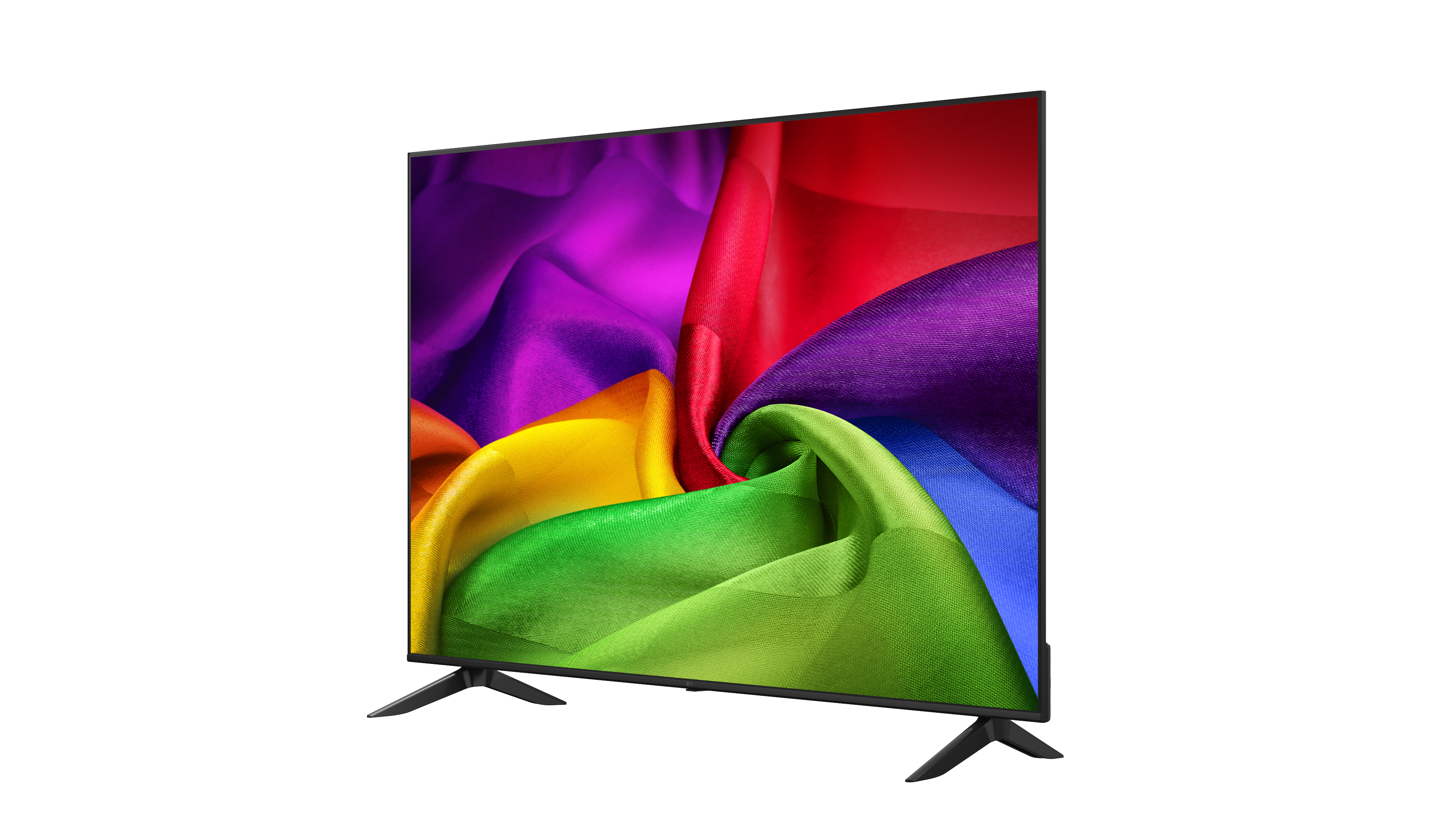 Ein moderner Fernseher mit schwarzem Rahmen zeigt ein farbenfrohes, abstraktes Stoffmuster.