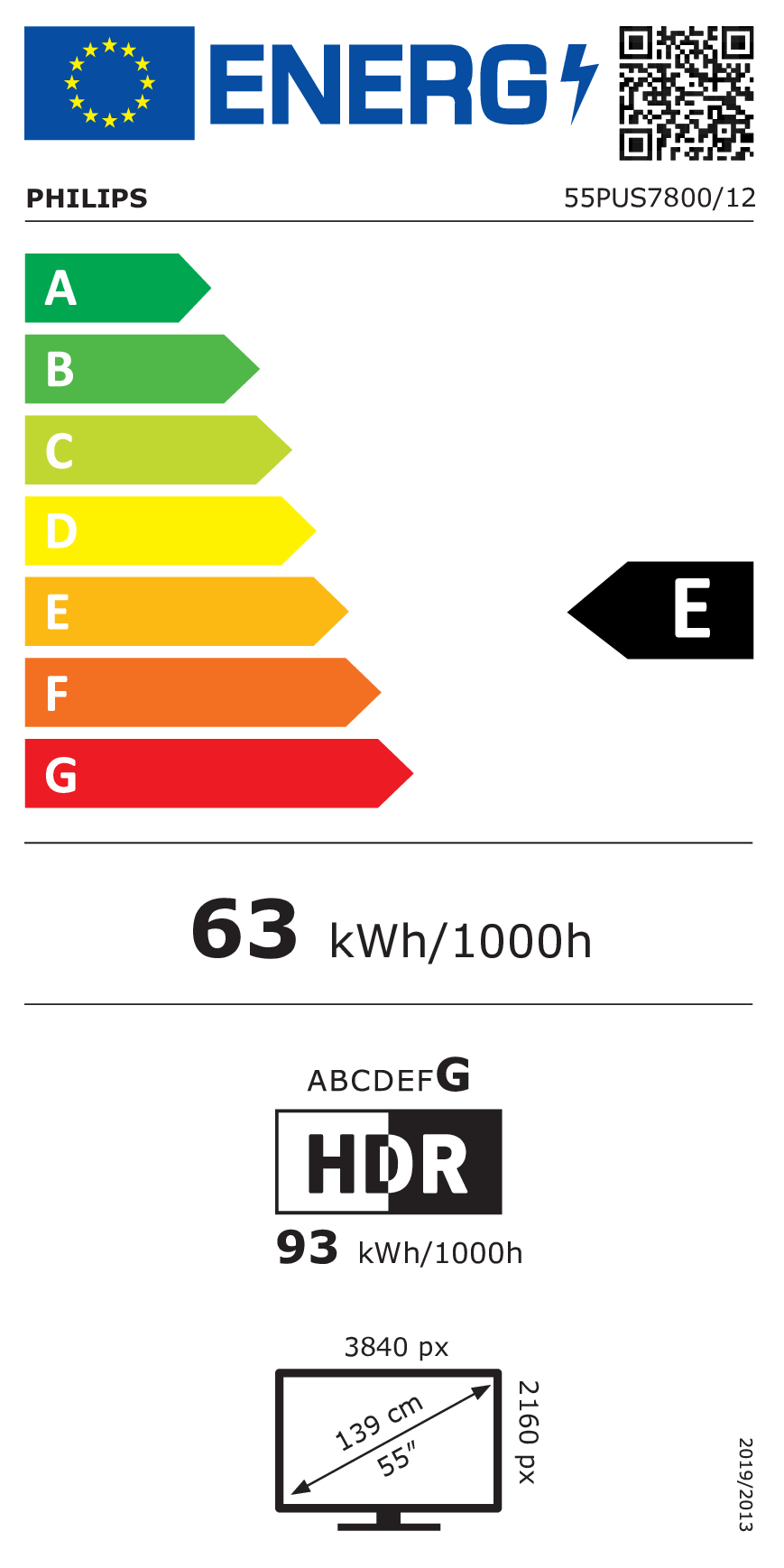 Etichetta energetica Philips 55PUS7800/12 con classe E e 63 kWh.