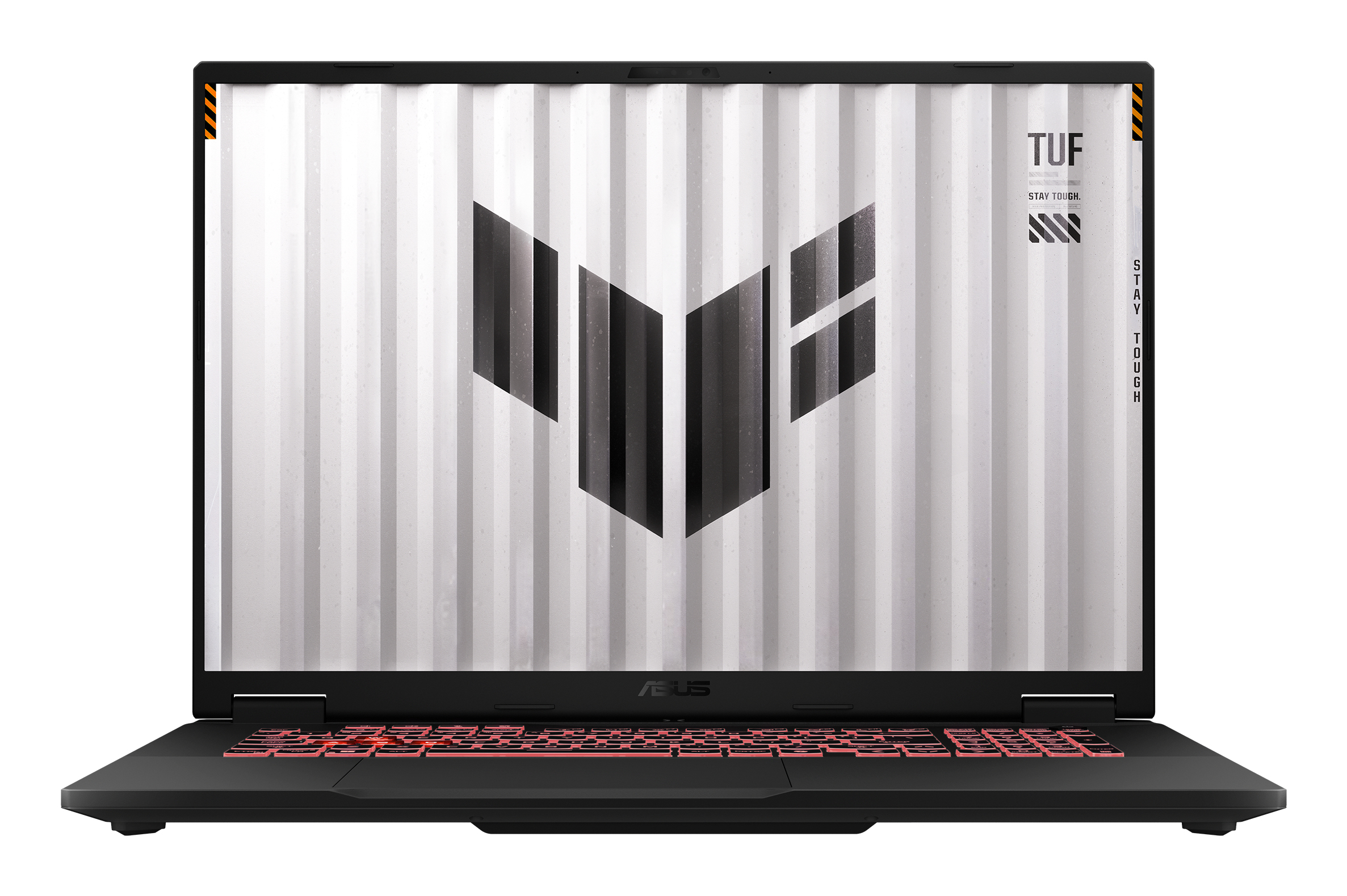 Ein schwarzer ASUS-Gaming-Laptop zeigt ein TUF-Logo vor Wellblech und hat eine rot beleuchtete Tastatur.
