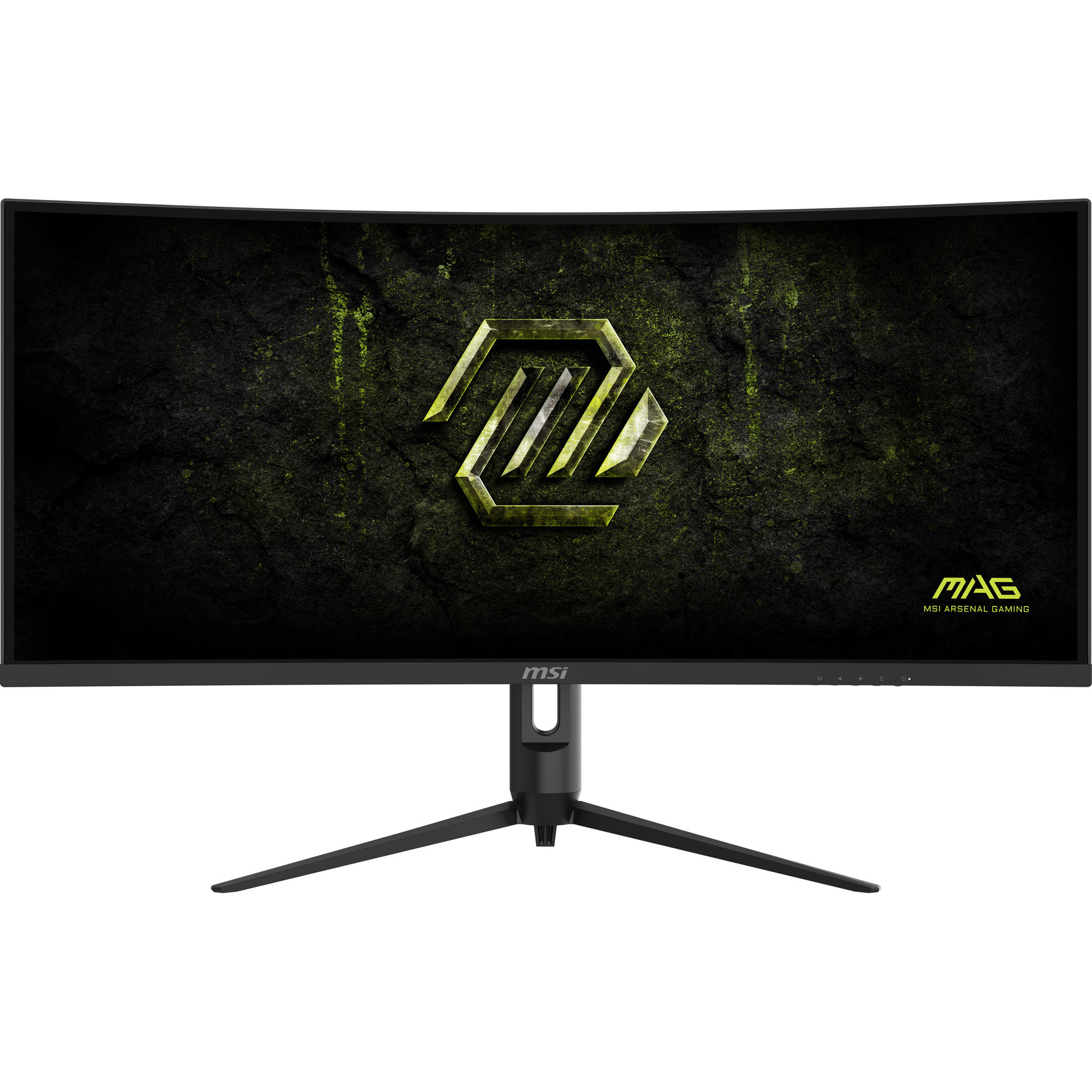 Siyah ayaklı kavisli bir MSI oyuncu monitörü, ekranında yeşil bir ejderha logosu gösteriyor.