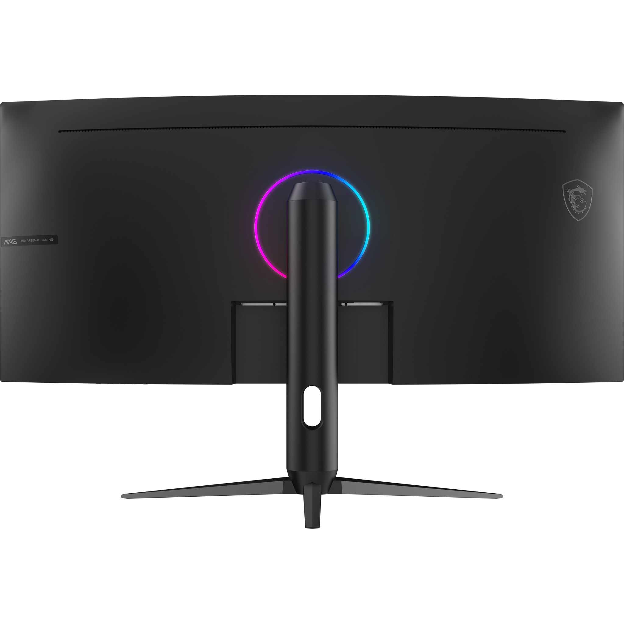 Beyaz arka planda dairesel RGB ışığa ve V şeklinde standa sahip siyah kavisli monitörün arka görünümü.