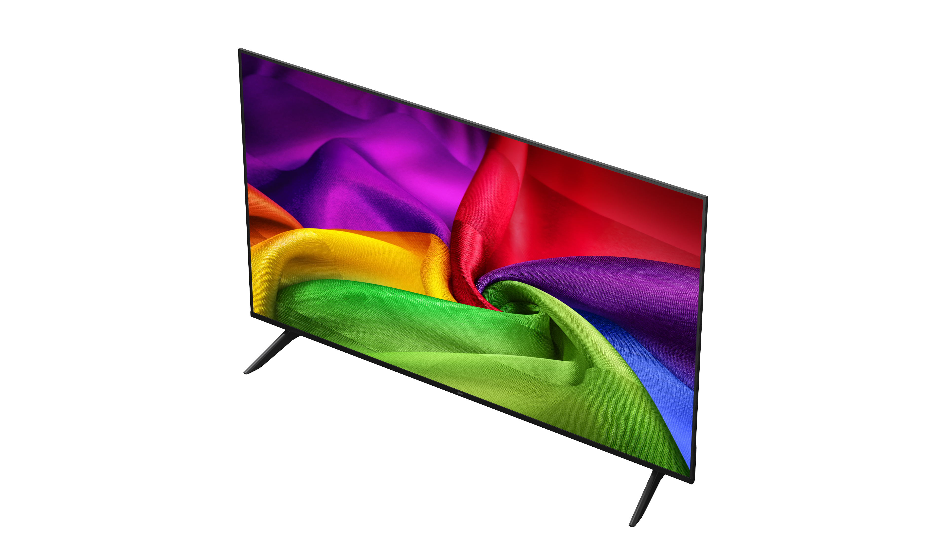 Ein schlanker Fernseher auf einem weißen Hintergrund zeigt ein farbenfrohes, seidiges Stoffmuster auf dem Bildschirm.