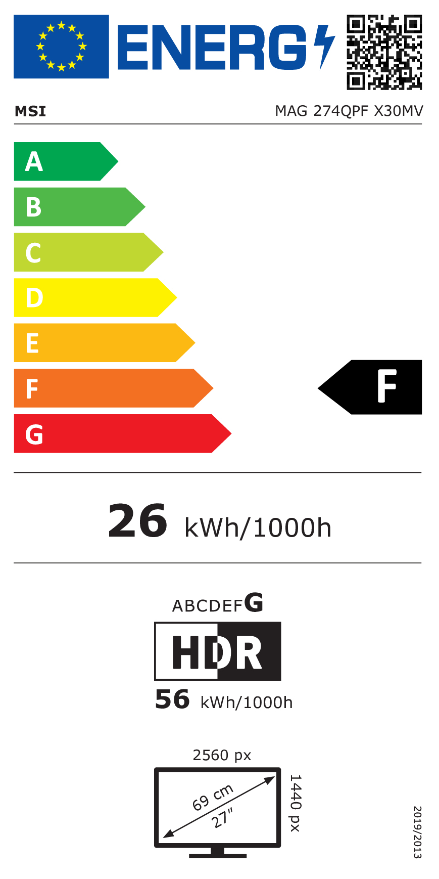 Etichetta energetica monitor MSI classe F, 26 kWh/1000h, HDR e schermo da 69 cm.