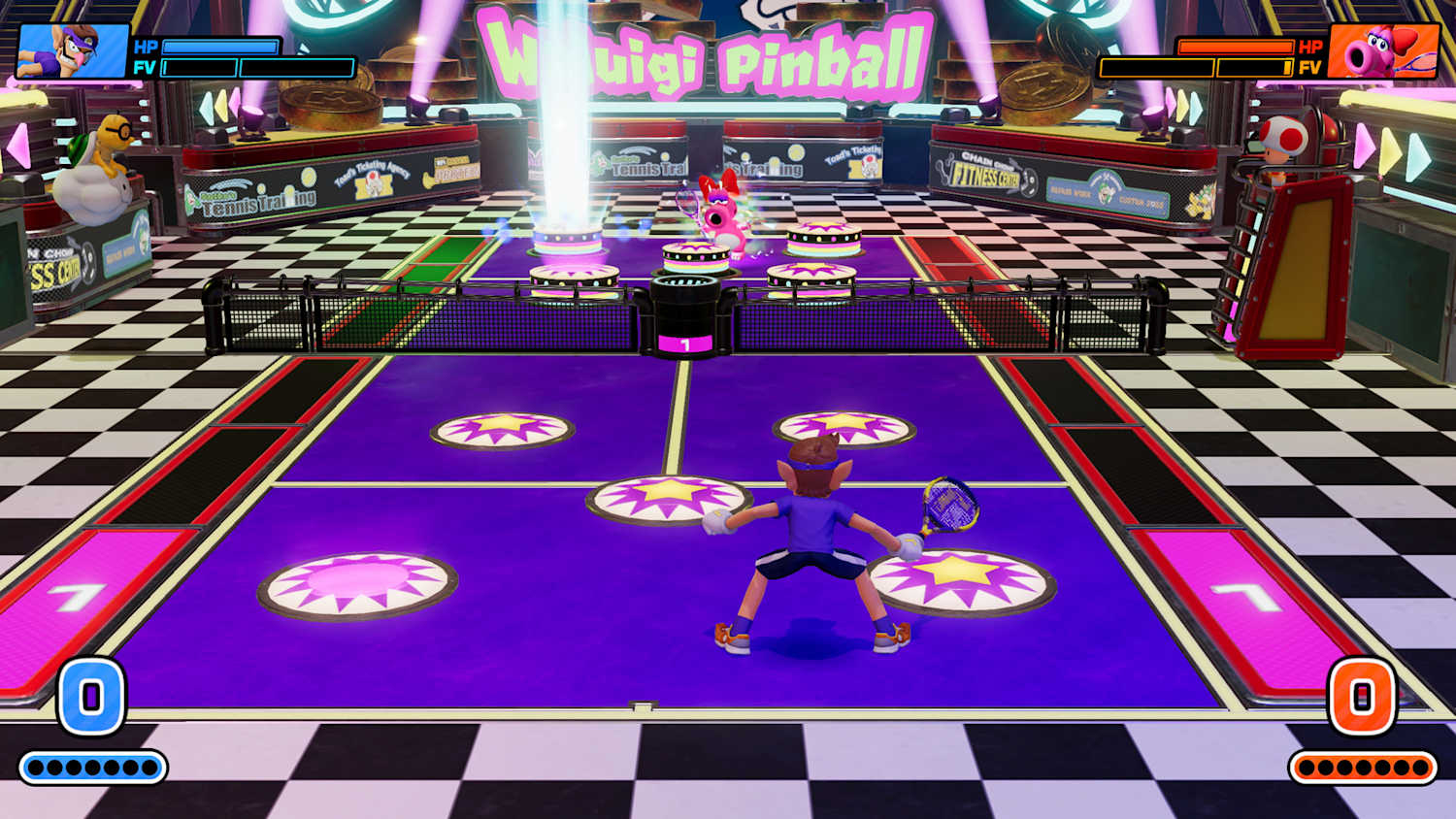 Waluigi Pinball-Tenniskurs mit violettem Boden, Sternmarkierungen und schwarz-weißem Schachbrettmuster.